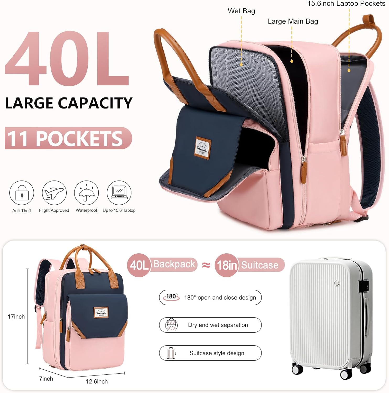 FIXITOK Mochila de viaje grande para mujer, 40L, mochila de equipaje personal, mochila casual, Azul oscuro-rosa, Mochilas de viaje