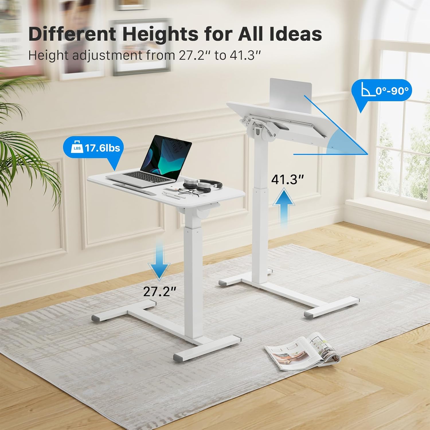 Escritorio móvil de pie, escritorio de altura ajustable para laptop, mesa de noche inclinable de 90, escritorio portátil para computadora con