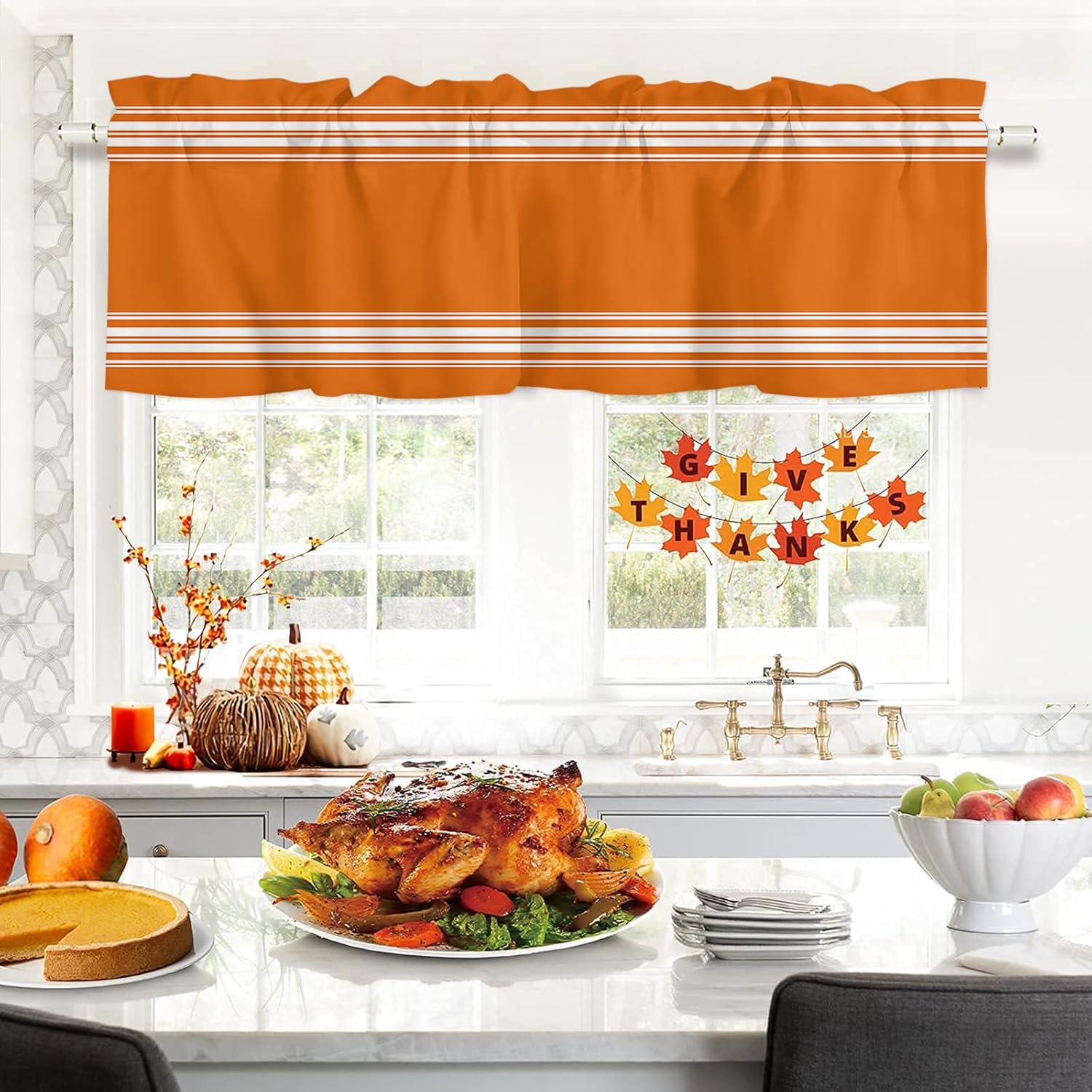 Artwork Store Curtain Valance for Window Kitchen Decor, Thanksgiving Fall Orange White Stripe 54″ x 18″ Window Treatment Curtains Topper Rod Pocket