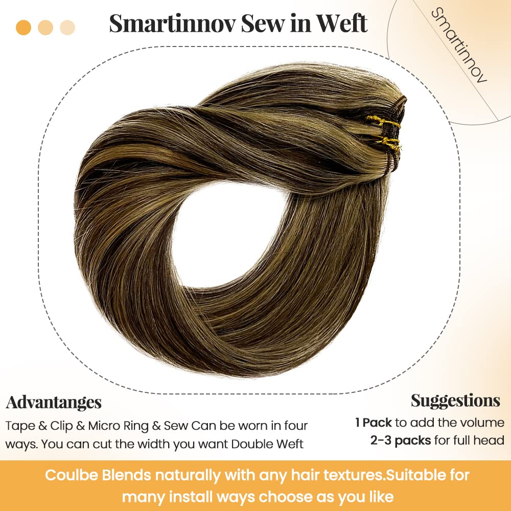 Extensiones de cabello humano Remy con balayage atadas a mano, 24 pulgadas de largo, 4.23 onzas, color castaño medio, con reflejos rubio miel,