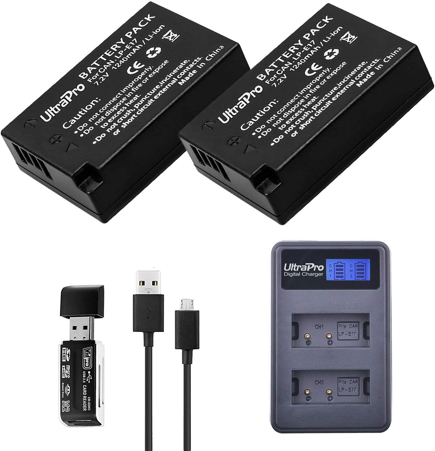 UltraPro Paquete de 2 baterías de repuesto LP-E17 con cargador dual LCD rápido. El paquete UltraPro incluye lector de tarjetas USB SDSDHC.