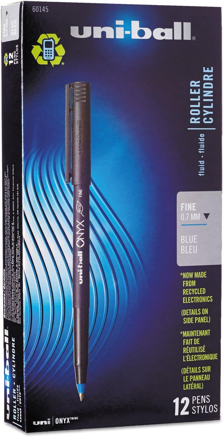 uni-ball Onyx – Bolígrafos de punta fina, 0.028 in, barril negro, tinta azul, paquete de 12 unidades
