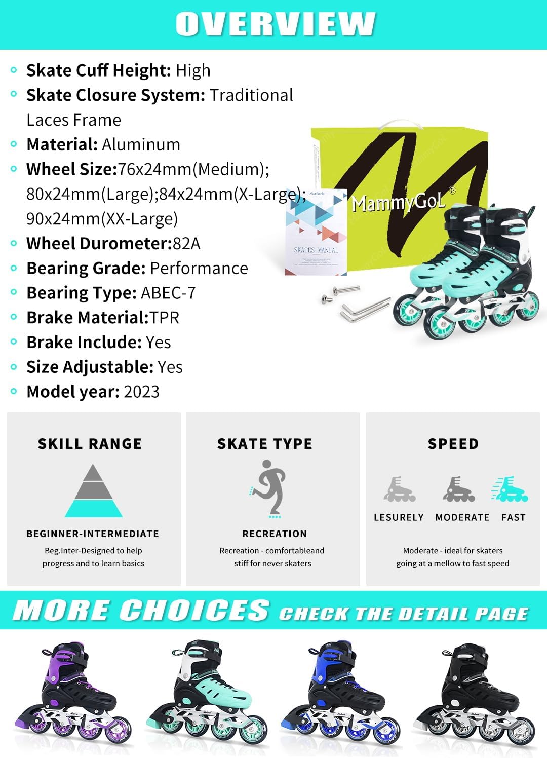 MammyGol – Patines en línea ajustables para adultos y adolescentes, seguros y duraderos con ruedas gigantes, patines de alto rendimiento para niñas