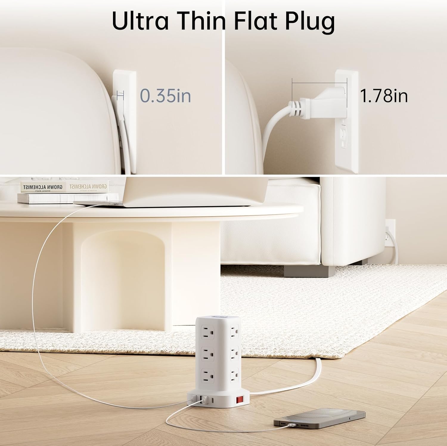 Regleta protectora contra sobretensiones, cable de extensión de enchufe plano ultrafino de 10 pies con 12 tomas de corriente alterna, 4 USB (1 USB