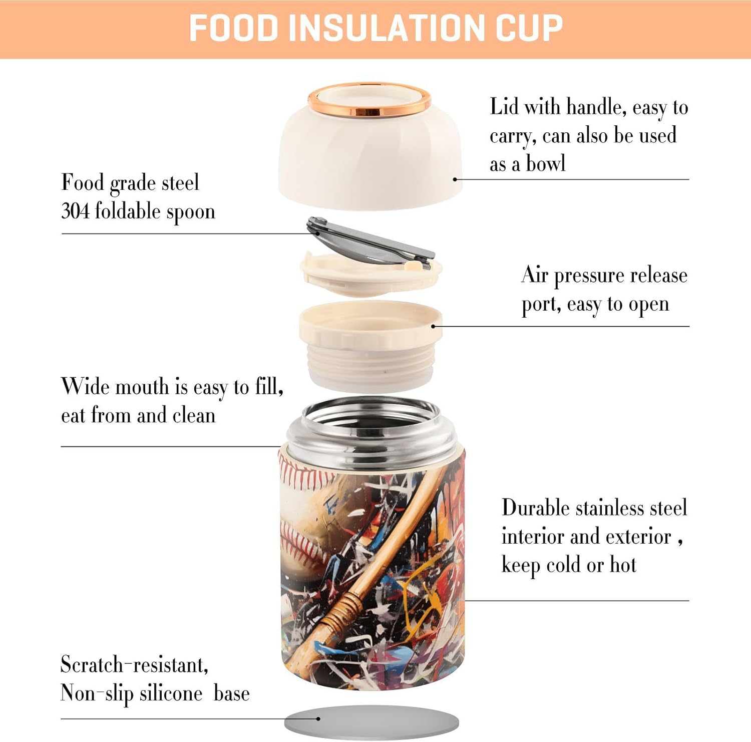 Baseball Baseball Bat Grunge Kids Womens Insulated Food Jar with Spoon 17oz500ml Thermal Food Jar Stainless Steel Vacuum Portable Thermal Food for