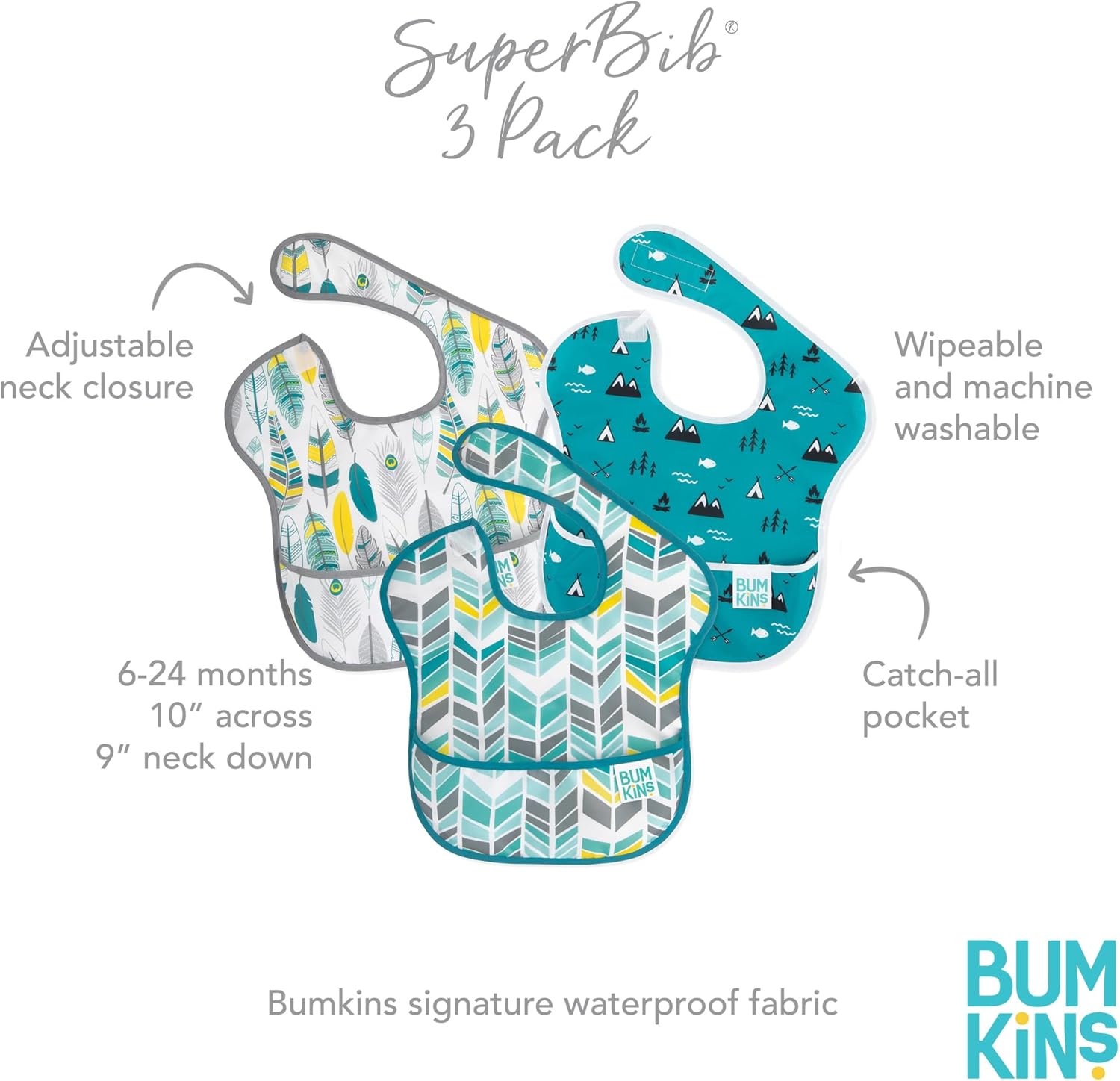 Bumkins Baberos para niña o niño, SuperBib para bebés y niños pequeños de 6 a 24 meses, esenciales imprescindibles para comer, alimentar,