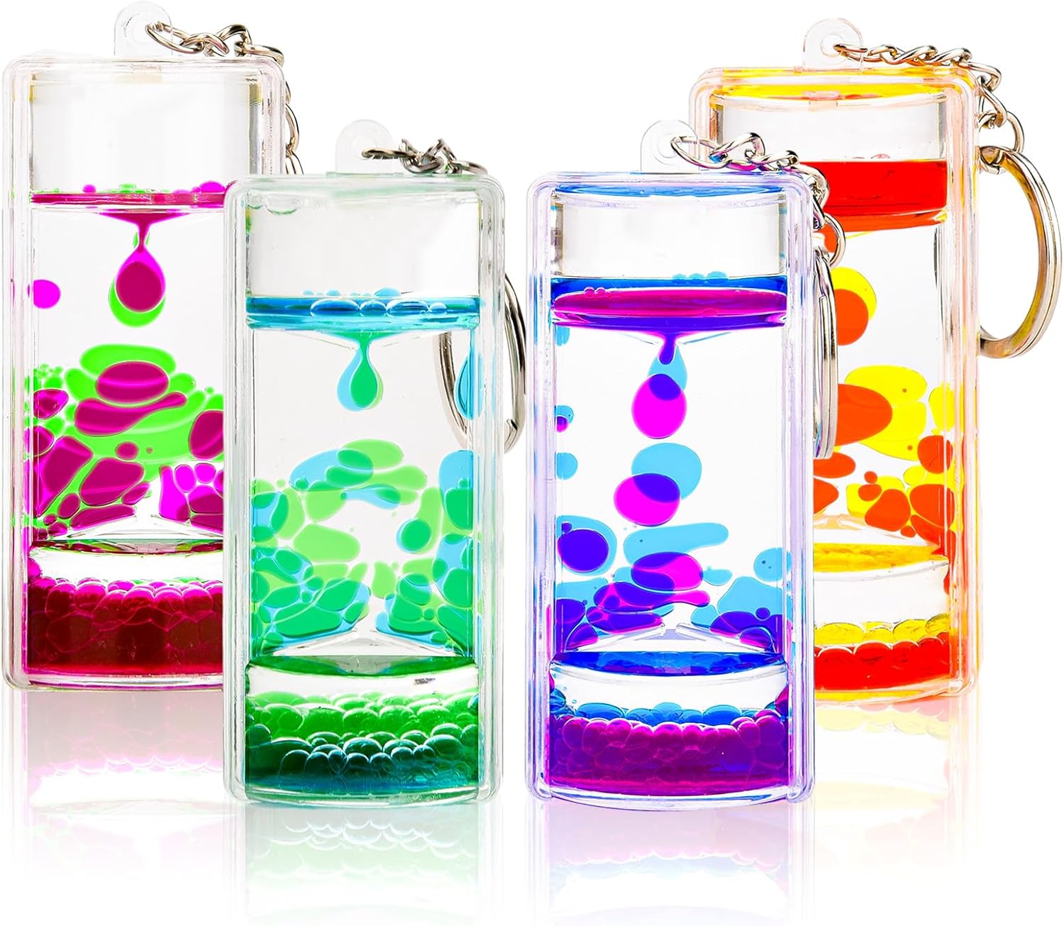 Paquete de 4 llaveros coloridos con burbujas de movimiento líquido, temporizador líquido antiestrés para juegos sensoriales, llaveros de reloj de