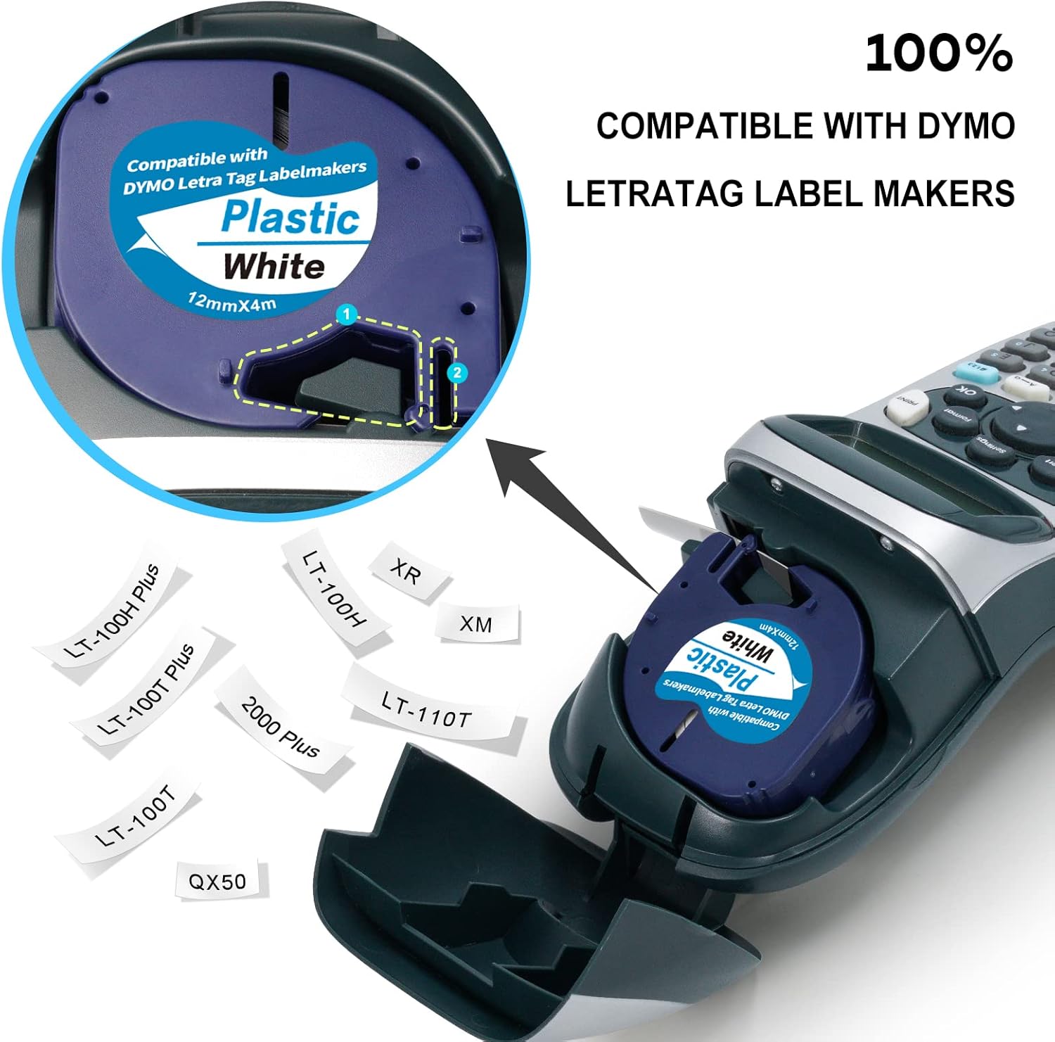 DYMO LetraTag – Paquete de 3 cintas de plástico de repuesto para DYMO LT-100H LT-100T LT-110T QX50 XR XM 2000, negro sobre blanconegro sobre