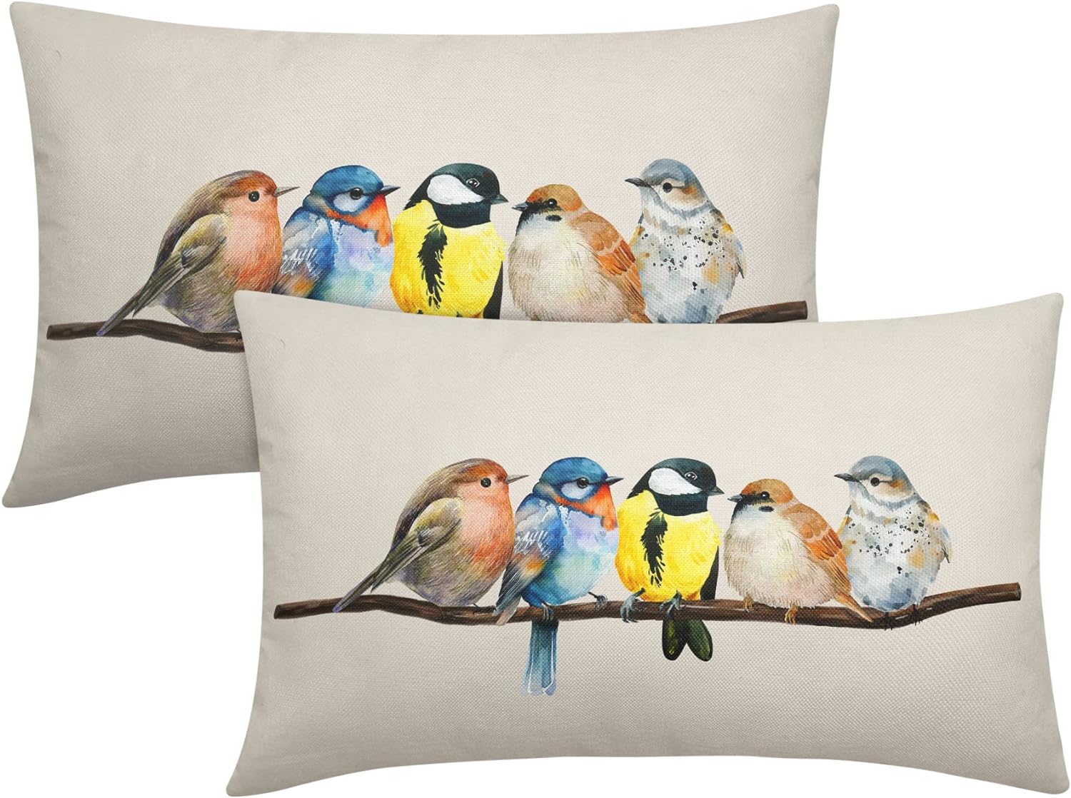 Juego de 2 fundas de almohada lumbares de pájaro pintado al óleo de 12 x 20 pulgadas, diseño rústico de ramas de árbol, fundas de almohada