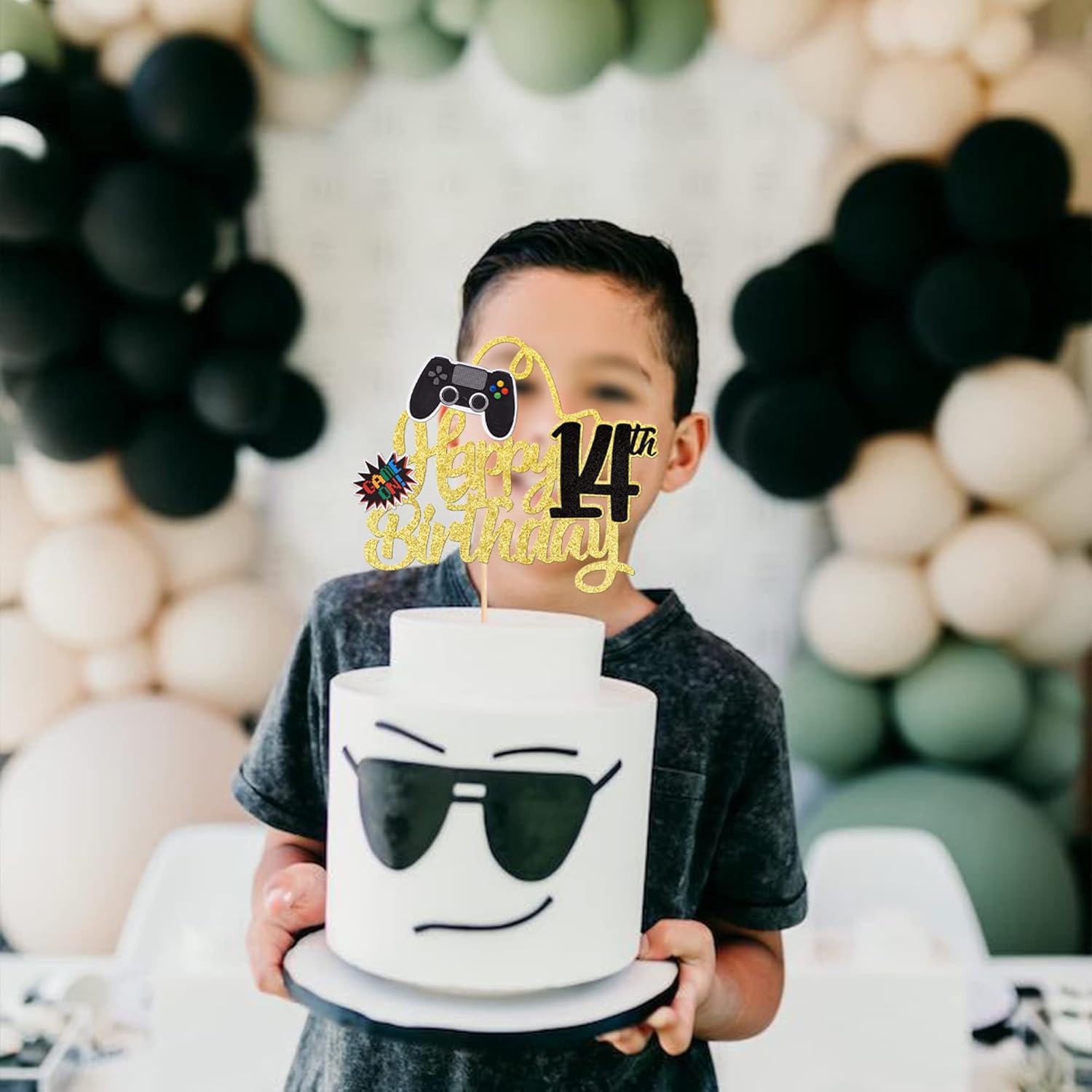 1 pieza de decoración de pastel de feliz cumpleaños 14 con purpurina para videojuegos, juego de selección de pasteles en controladores, catorce