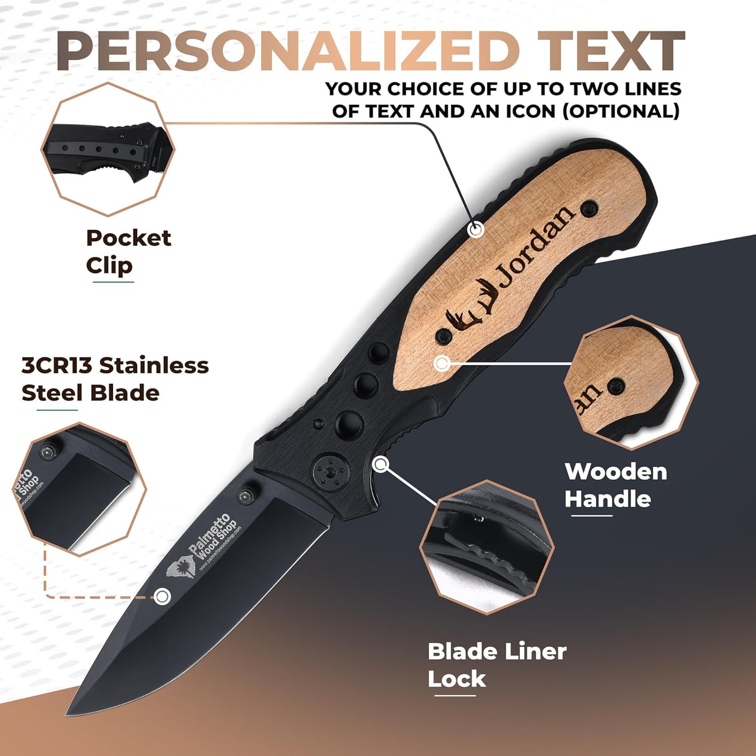 Palmetto Wood Shop Cuchillo de bolsillo  Cuchillo personalizado grabado con láser, regalo para hombres, cuchillo plegable para transporte diario,