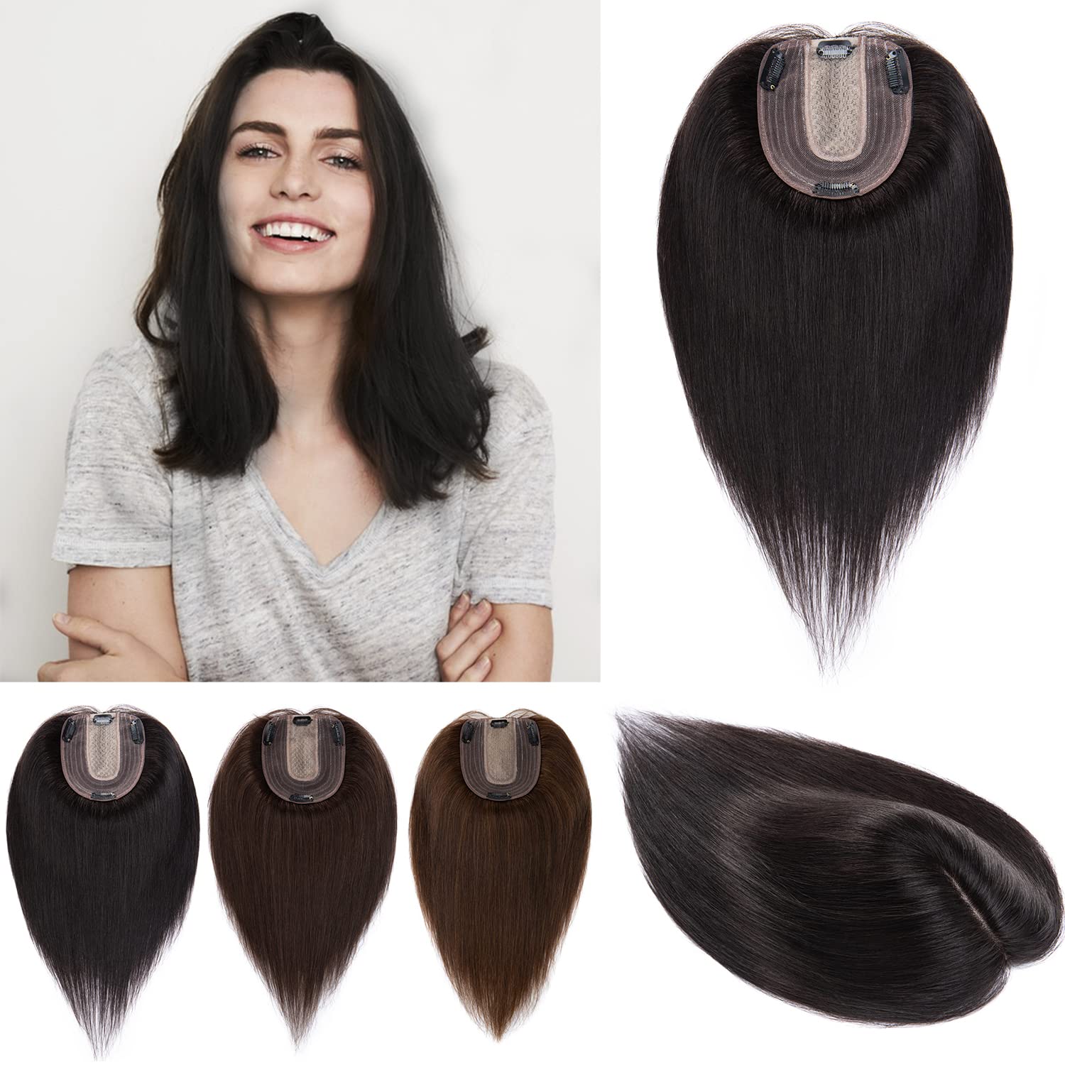 S-noilite Toppers para el cabello humano real para mujer, sin flequillo, 3.9 x 4.7 in, base de seda, extensiones de pelo con clip para cabello fino,