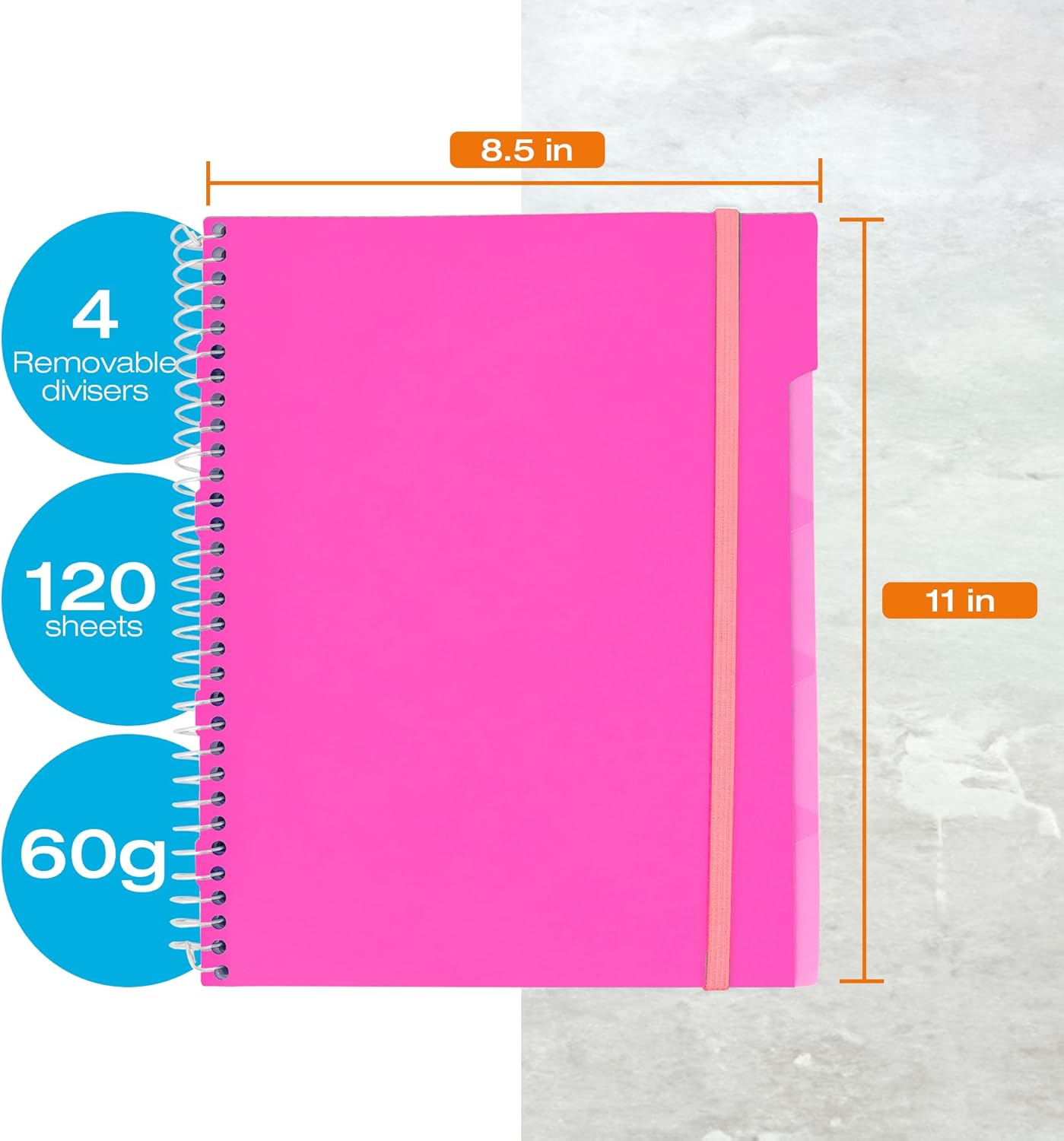 Confetti Cuaderno de espiral perforado con agujeros, 4 divisores extraíbles, cubierta a prueba de derrames, banda elástica de cierre, bolsillo de