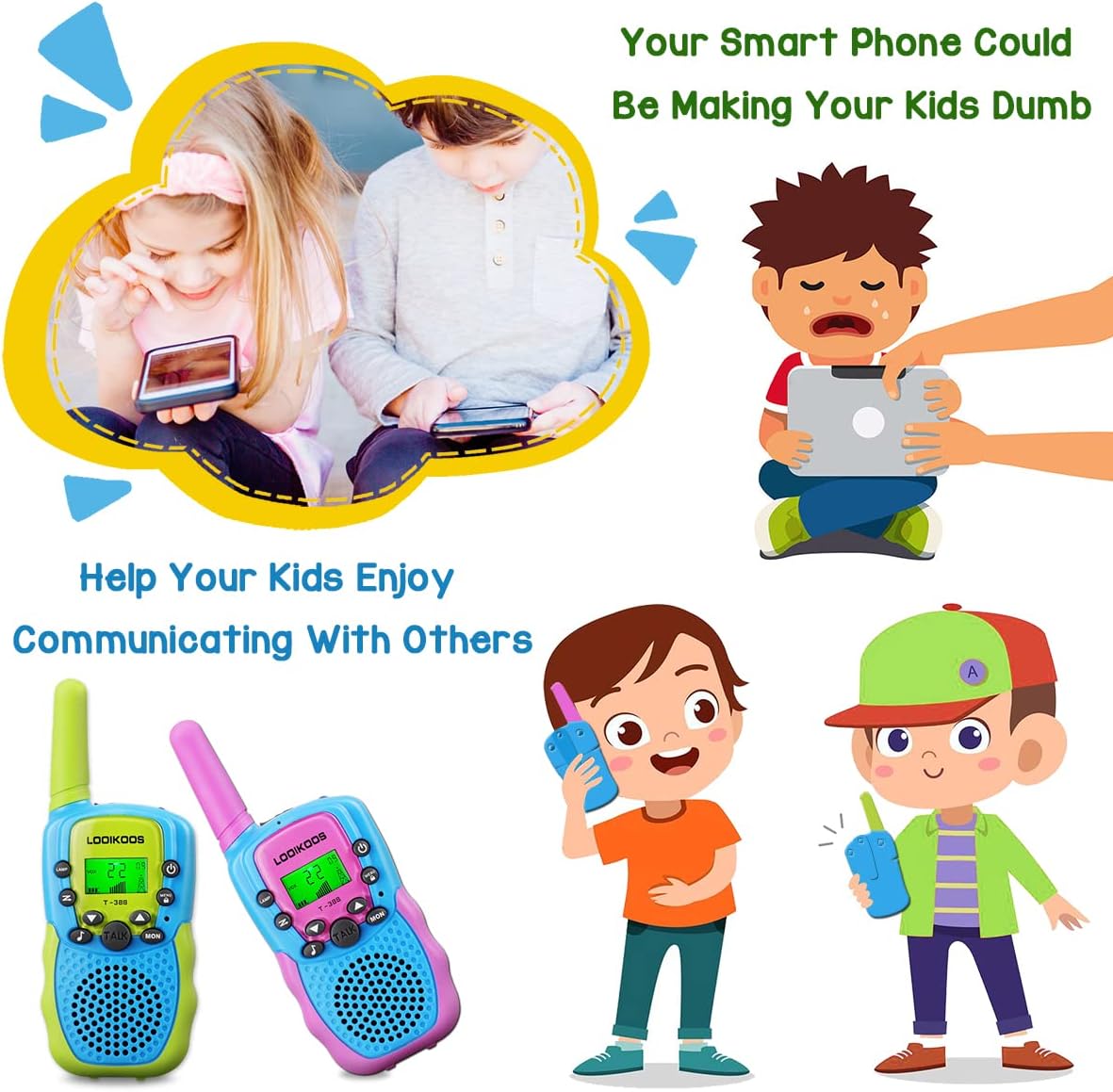 LOOIKOOS Walkie Talkies para niños, radio Walky Talky de largo alcance de 1.9 mi de juguete para niños y niñas, paquete de 3