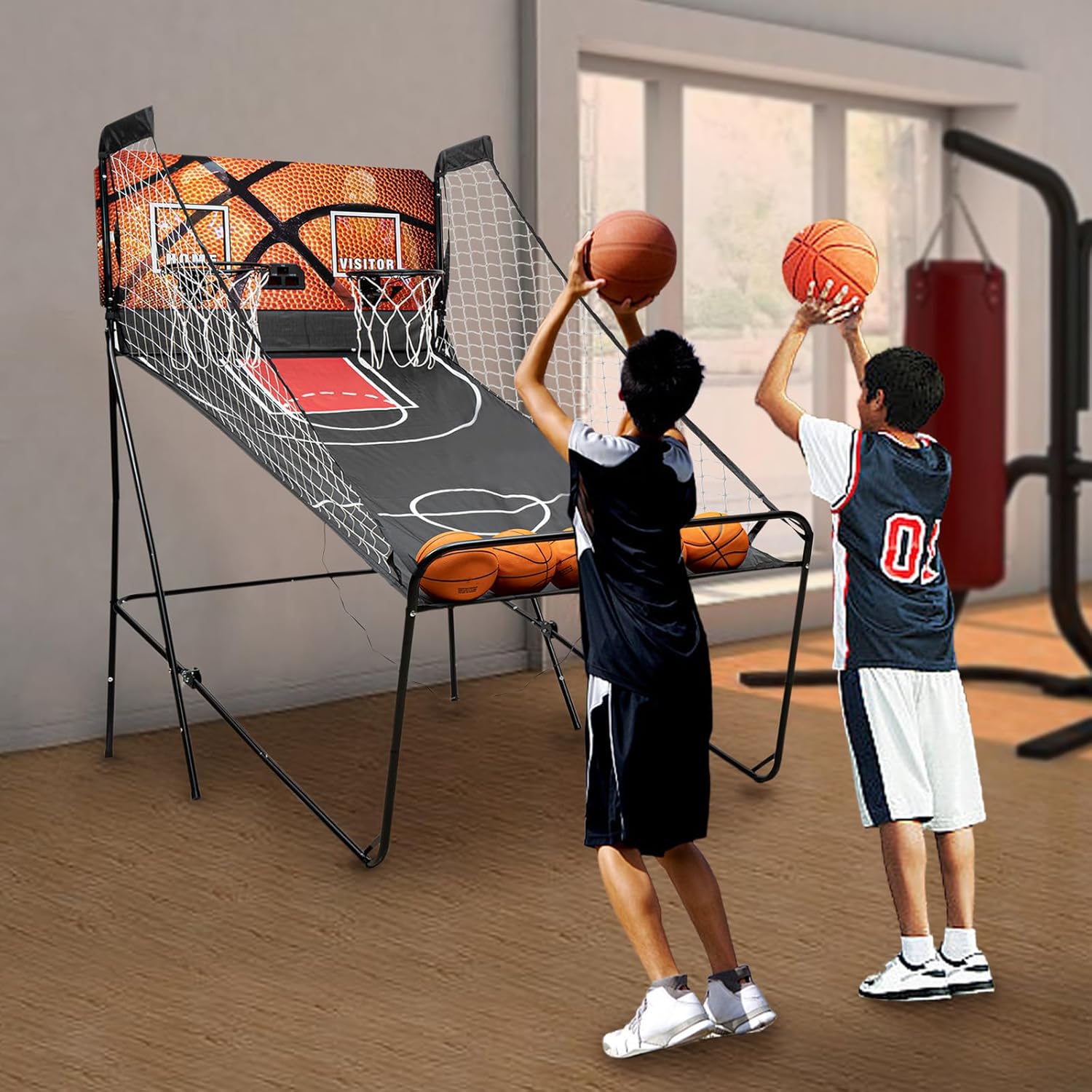 Juego de baloncesto Pop a Shot, arcada de baloncesto de doble disparo con marcador electrónico LED, temporizador y 5 pelotas de baloncesto, juego de