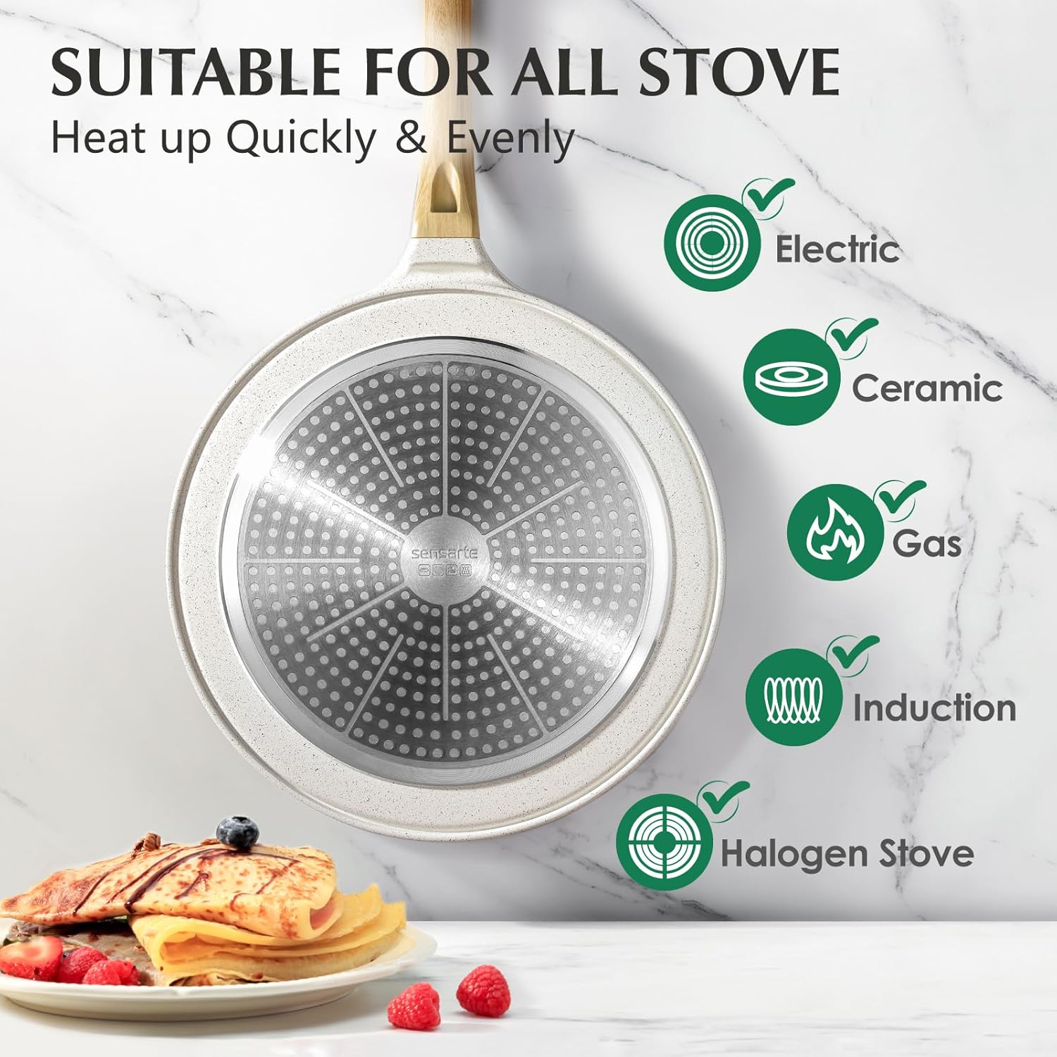 SENSARTE Sartén antiadherente para crepas con esparcidor, revestimiento de cerámica natural de 12 pulgadas, sartén plana para panqueques, sartén