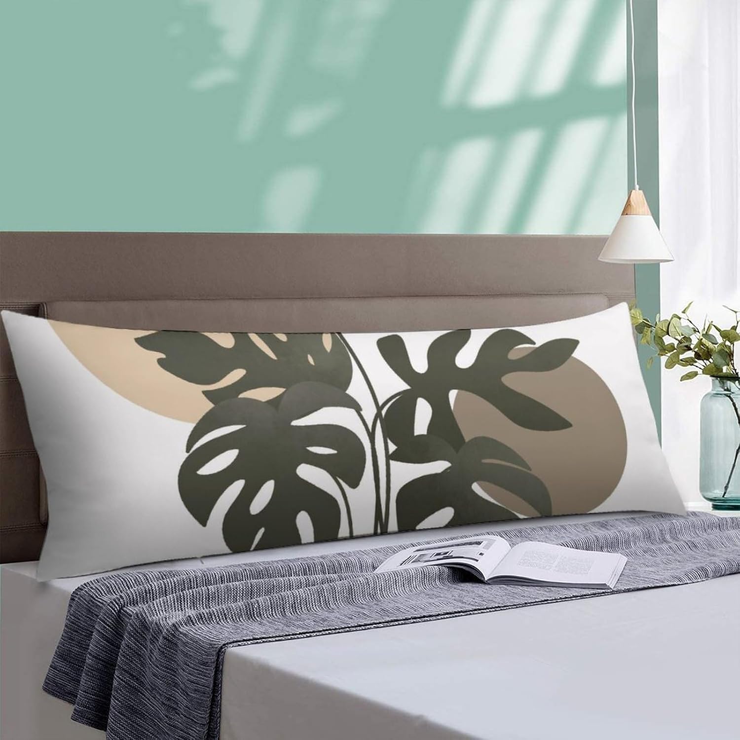 Funda de almohada corporal, estilo bohemio, abstracto, con hojas de Monstera tropicales, para cama, tamaño grande, suave, estilo mediados de siglo,