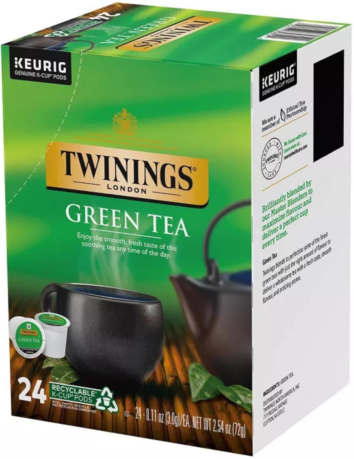 Twinings Tea Green Tea K-Cups, 24 unidades (paquete de 2) con palitos de miel By The Cup