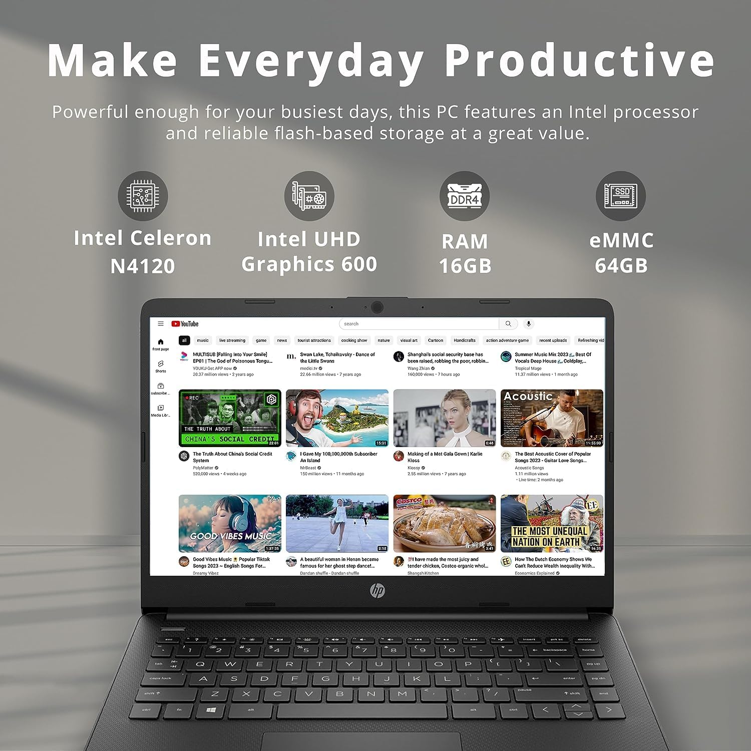 HP Premium Stream – Laptop BrightView HD de 14 pulgadas, Intel Celeron N4120, 16 GB de RAM, 64 GB eMMC, gráficos Intel UHD, cámara web HD, 1 año