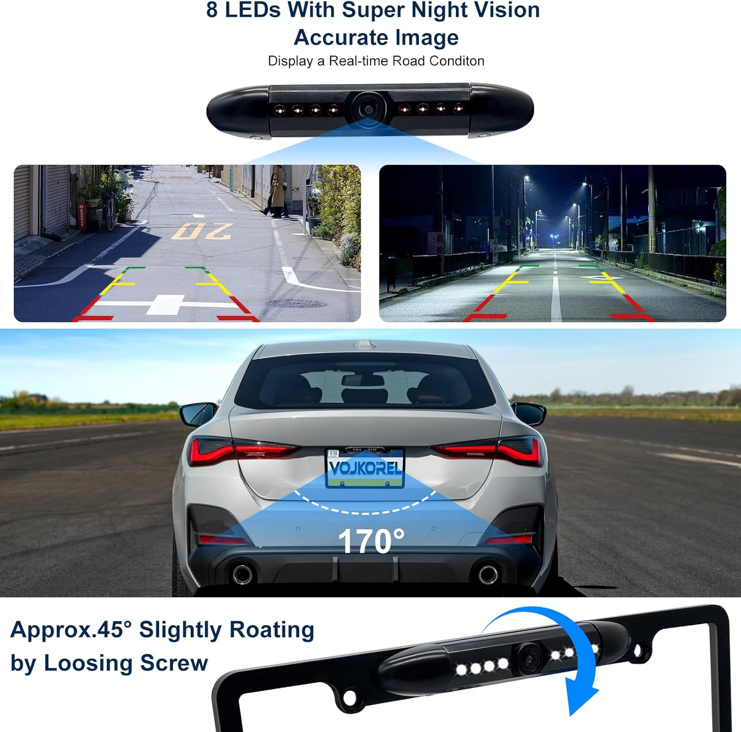 VOJKOREL Cámara de respaldo con marco de matrícula con 8 LED cámara de visión trasera 170 Ultra-HD visión nocturna impermeable cámara de respaldo