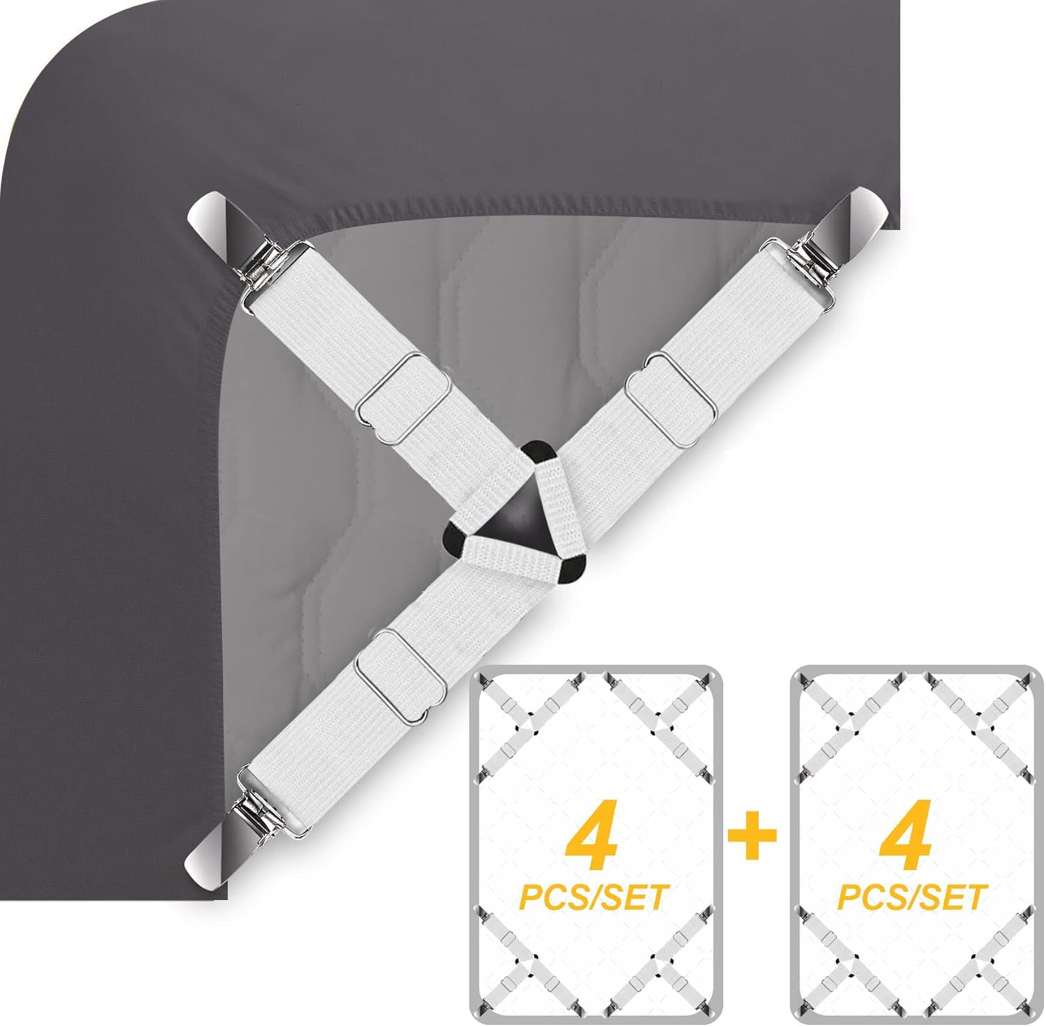 Ultrashang Sujetadores de correas de sábana Juego de 2 juegos de sábanas ajustables triangulares elásticas blancas con clips de sujeción para