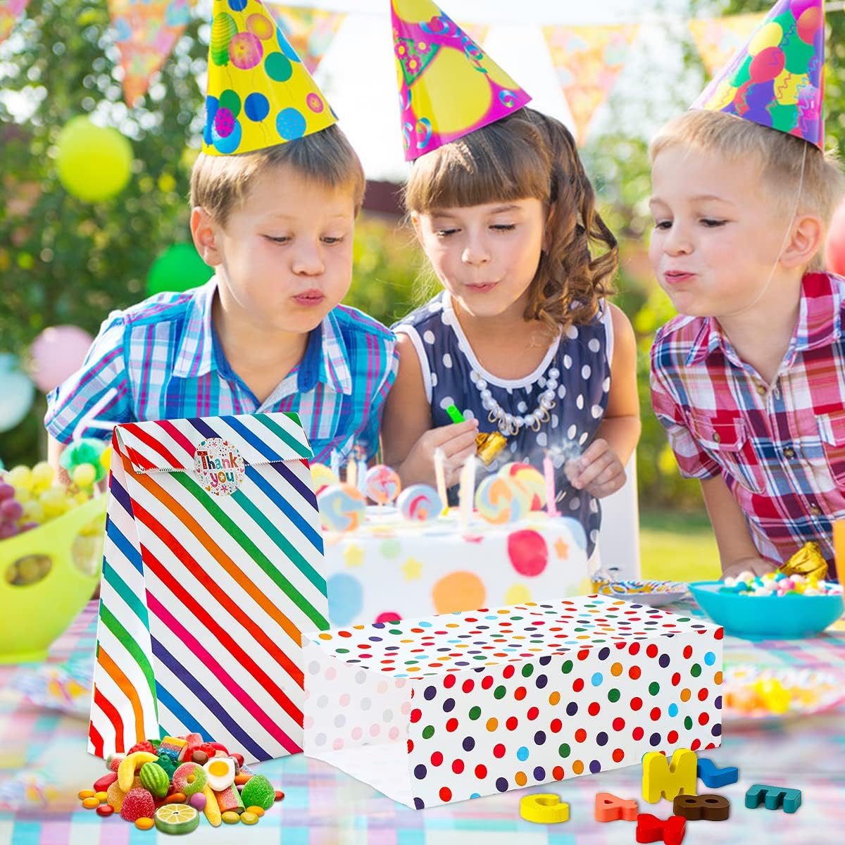 Vammy 30 bolsas de papel de regalo de arcoíris para fiestas, bolsas de regalo de papel kraft seguras para alimentos, bolsas de dulces con 36