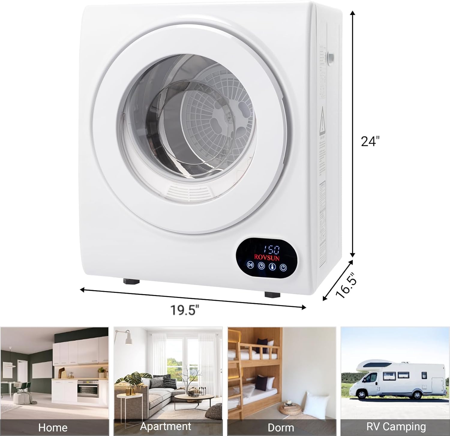 ROVSUN Secadora de ropa portátil de 110 V, secado rápido de 850 W, secadora de ropa de carga frontal con bañera de acero inoxidable y panel táctil