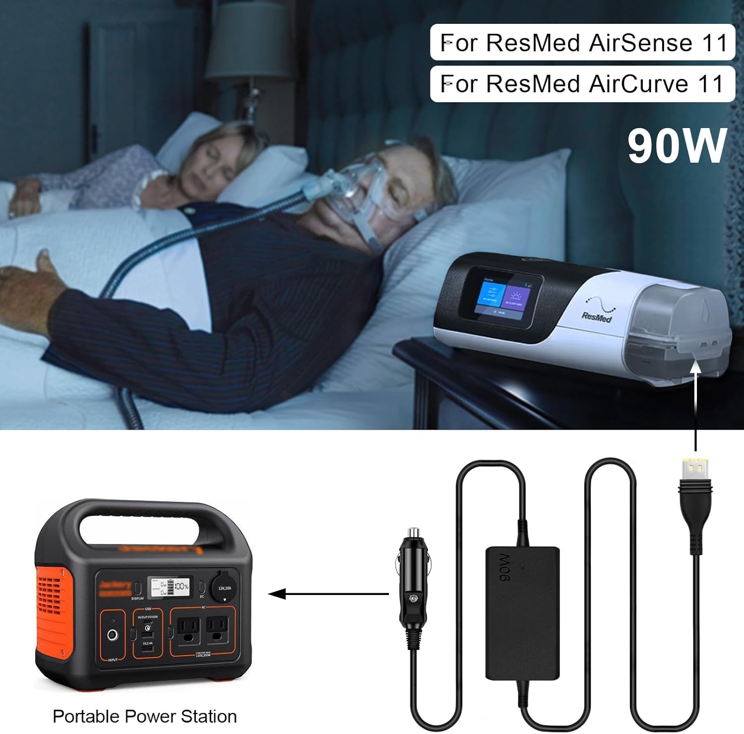 90W Resmed AirSense 11 Convertidor DC 12V-24V Cargador de coche Adaptador de CC para todos Resmed AirSense 11 AutoSetAirSense 11 Elite Cable de