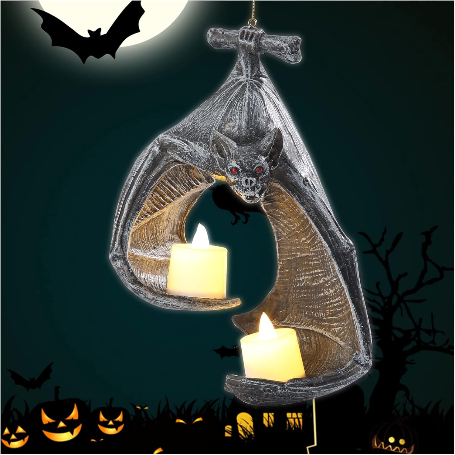 Portavelas de pared de murciélago, decoración de velas de murciélago de Halloween, candelabro de pared gótico con velas, decoración colgante de