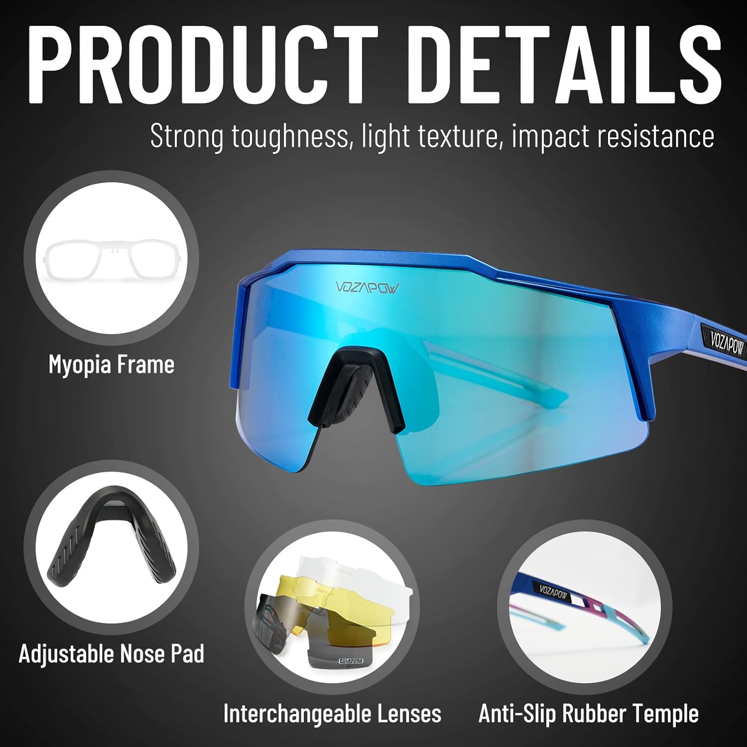 VOZAPOW Polarized Sports Sunglasses 4 lenses, Cycling Sunglasses for Men Women Youth, Driving, Running, Baseball