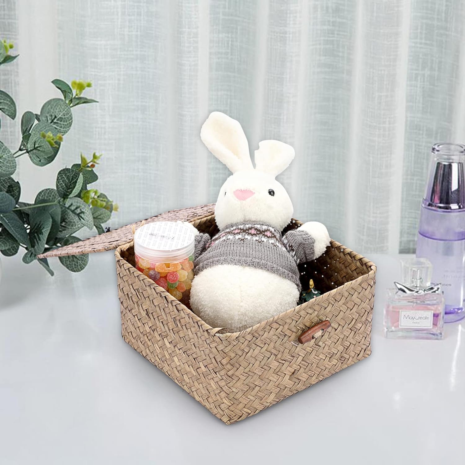 Hipiwe Cestas de mimbre con tapa, cesta de almacenamiento tejida a mano, contenedor cuadrado multiusos para el hogar, cajas para estantes y