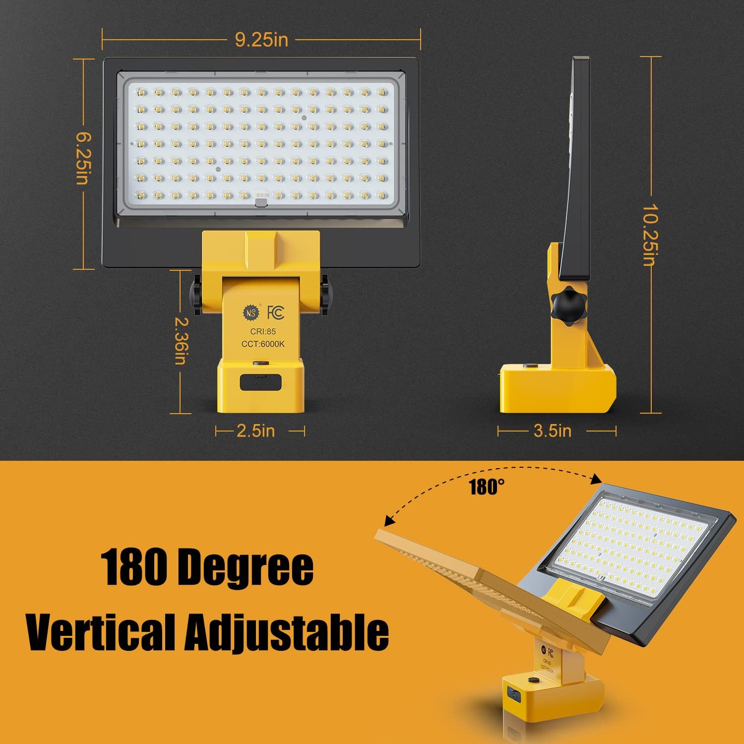 NS Luz de trabajo LED de 50 W 5000 lm para Dewalt 20 V, luces de inundación inalámbricas para emergencias, luz portátil para lugar de trabajo,