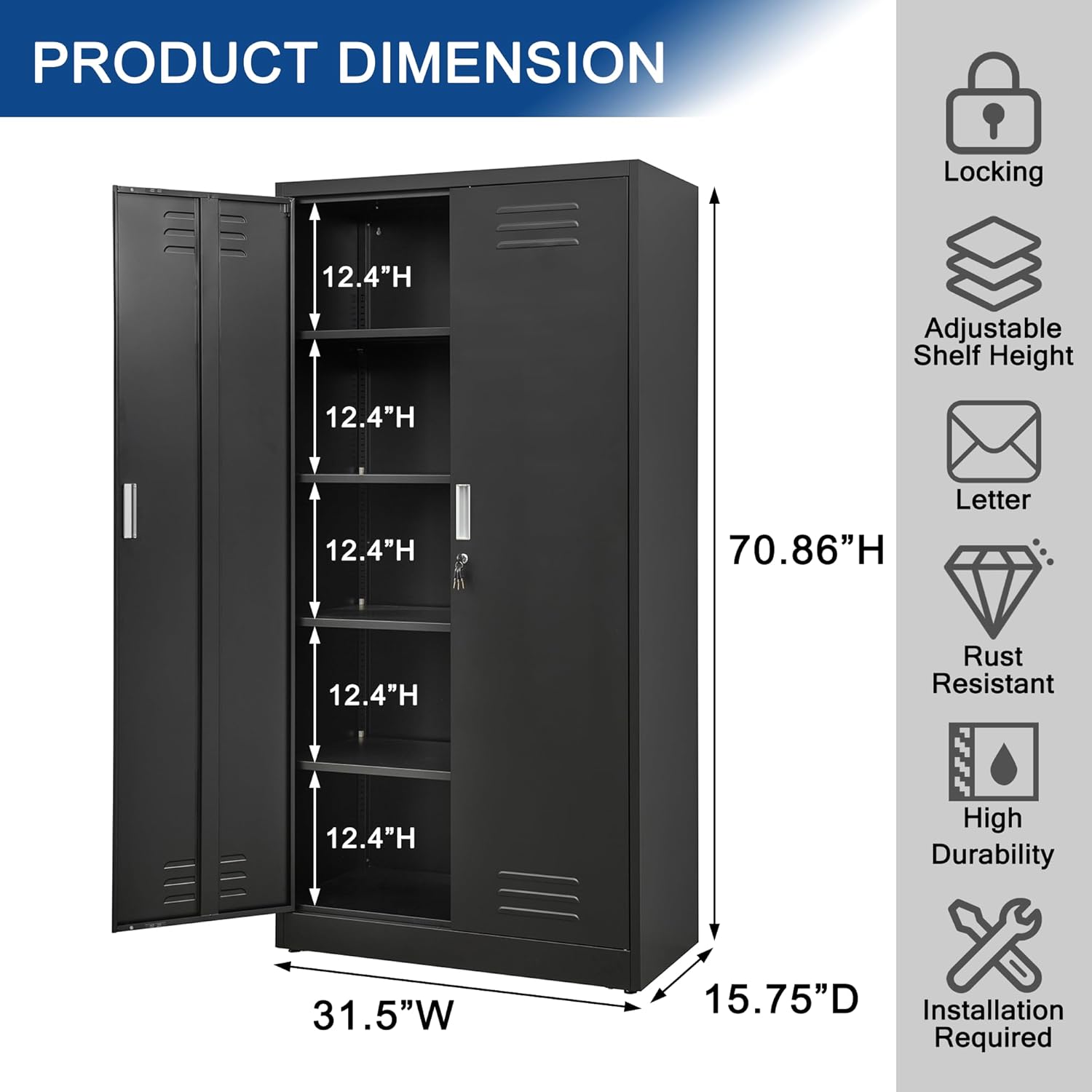 TaskStorz Armario de almacenamiento de metal de 71 pulgadas con puertas de bloqueo y estantes ajustables, gabinete SnapIt de acero, gabinete de