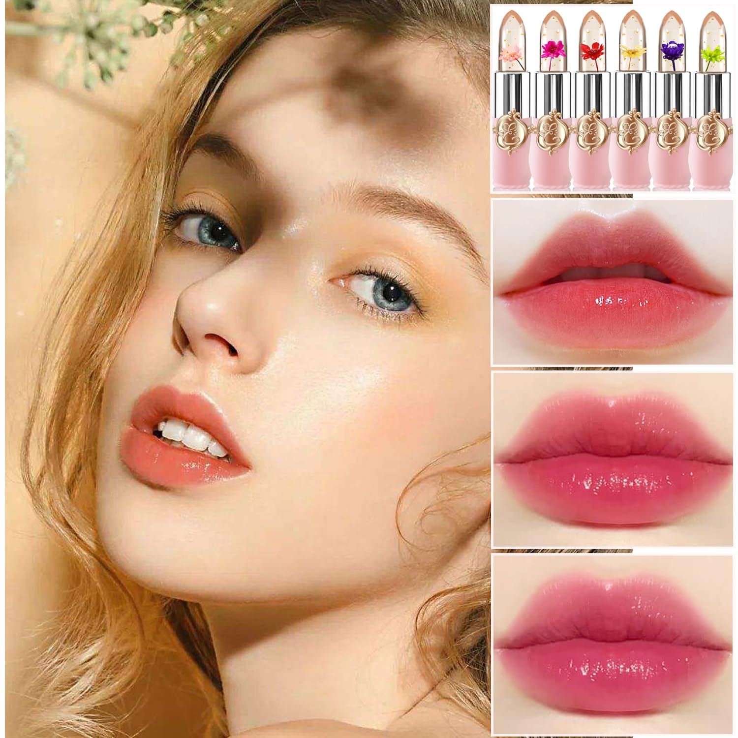 2 lápices labiales de gelatina de flores de cristal, brillo labial mágico que cambia de color, bálsamo labial hidratante nutritivo de larga