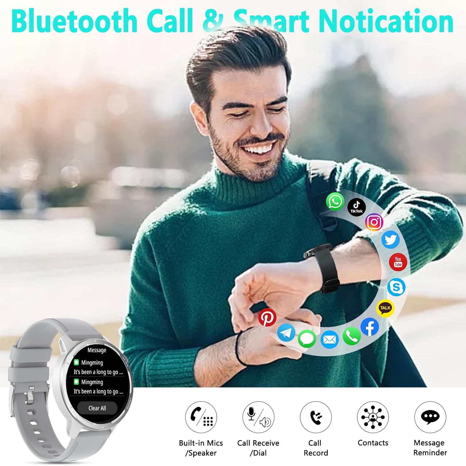 Wwzzey Reloj inteligente para hombres y mujeres (contestar llamadas), IP68 resistente al agua con podómetro, notificación de mensajes, reproductor