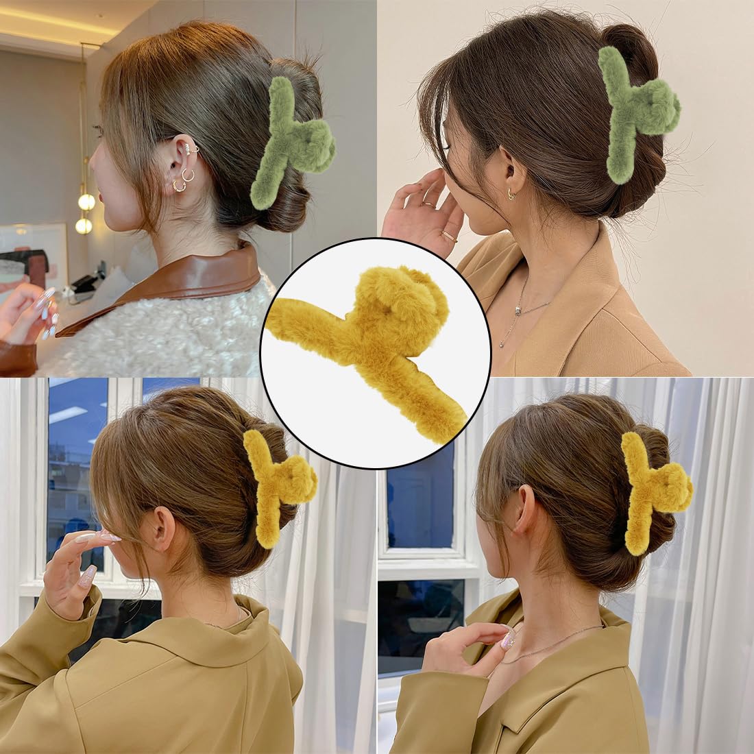 Paquete de 2 pinzas para el pelo de felpa, pinzas grandes de medio moño mullidas para cabello grueso y fino, lindo antideslizante y esponjoso para