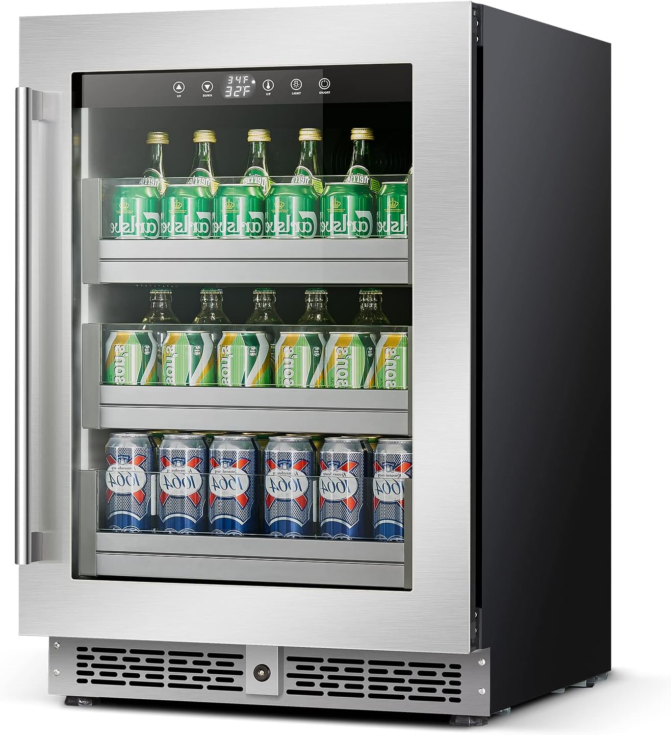 Refrigerador de bebidas de 24 pulgadas, capacidad para 154 latas, acero inoxidable con mini refrigerador integrado y puerta de vidrio. Enfría tus