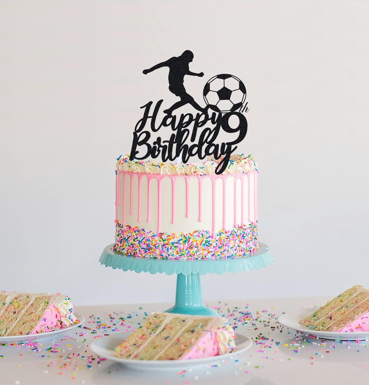 Decoración para tartas de fútbol 9th Boy, decoración de fiesta de cumpleaños con temática de 9 deportes, papel negro con purpurina