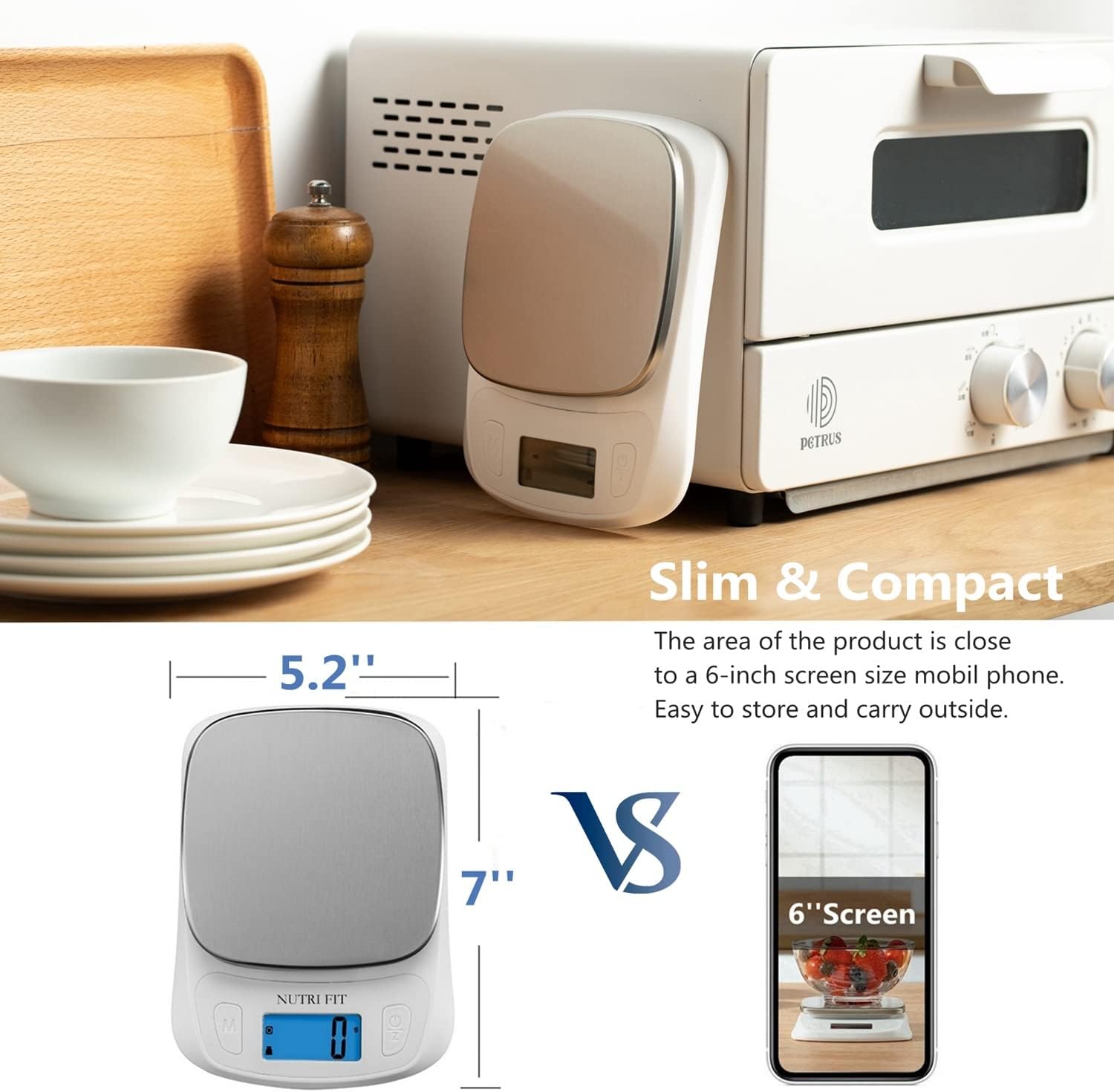NUTRI FIT Báscula digital de cocina para alimentos, gramos y onzas, báscula ultradelgada, portátil, para hornear, cocinar, acampar, tara inoxidable,
