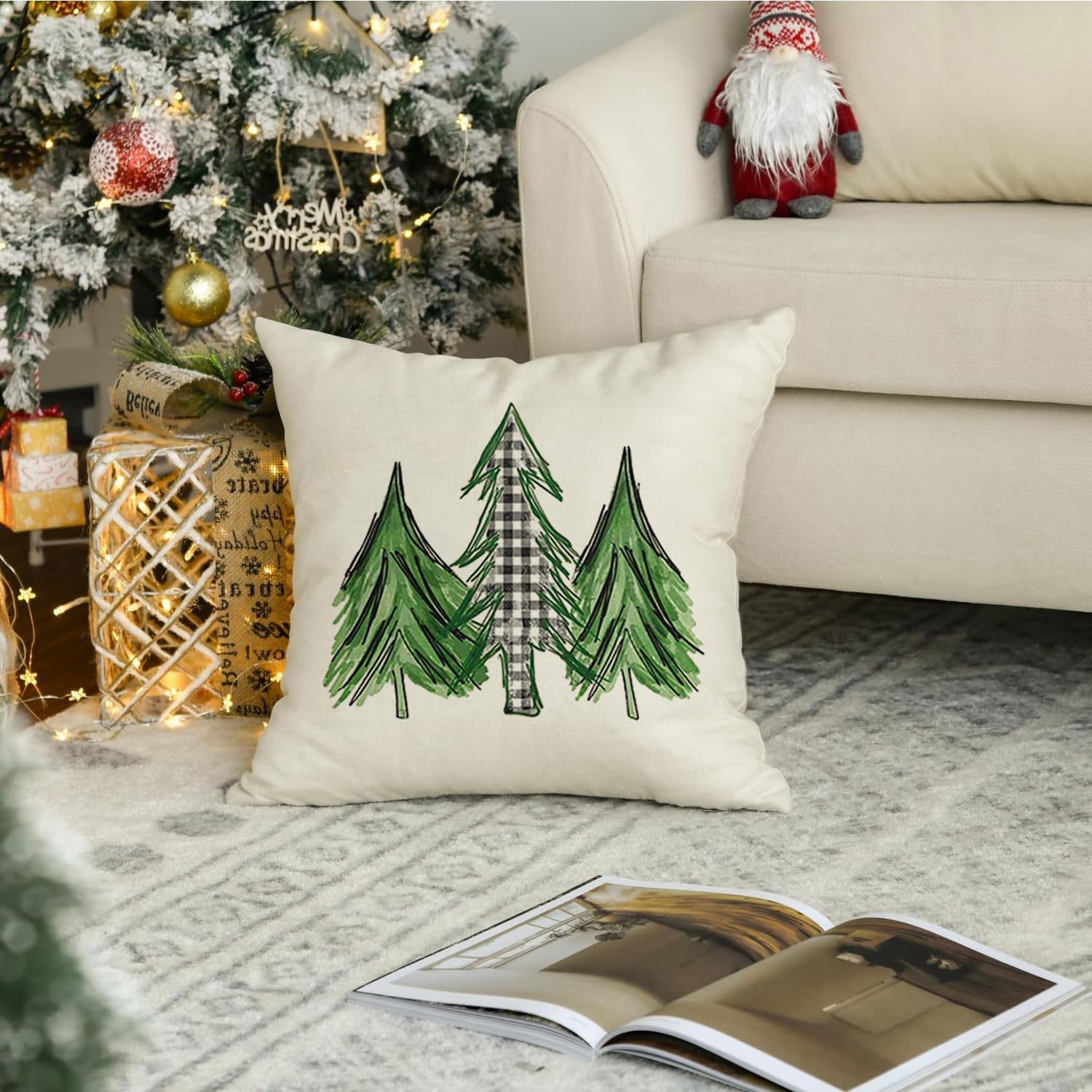 RABUSOFA Fundas de cojín con diseño de árbol de Navidad en acuarela de 18 x 18 pulgadas, fundas de cojín decorativas de invierno a cuadros, fundas