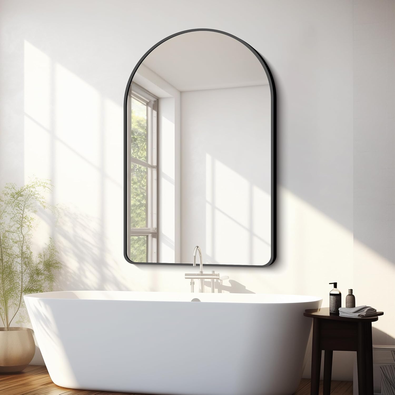 Espejo de pared arqueado, espejo de baño de 32 x 48 pulgadas, moderno marco de aleación de aluminio negro, espejo de tocador grande para dormitorio,
