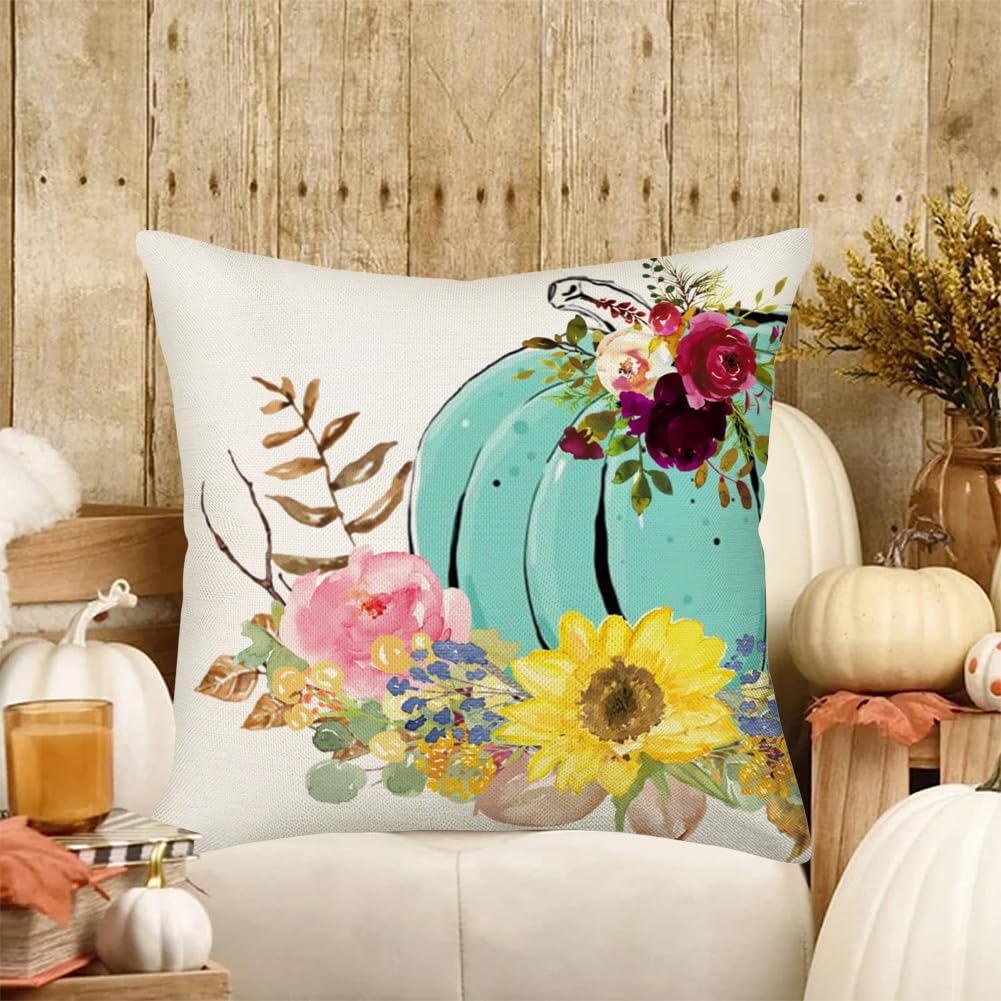 Fundas de almohada decorativas de calabaza de otoño de 18 x 18 pulgadas, almohadas florales de calabaza azul acuarela, decoración de otoño, cosecha