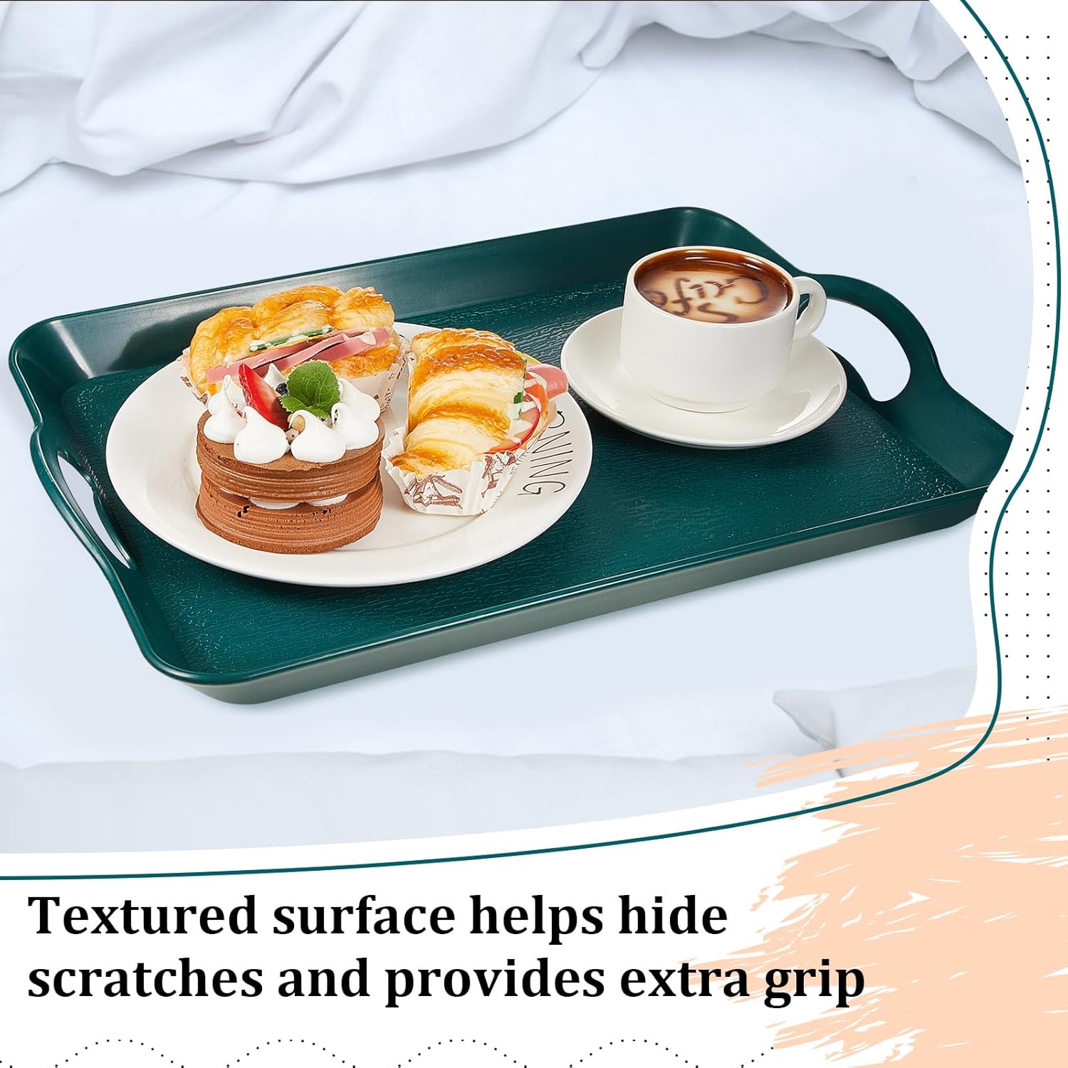 6 bandejas para servir con asas para comer, bandeja de plástico multiusos de 16 x 11 pulgadas, bandeja rectangular antideslizante decorativa para