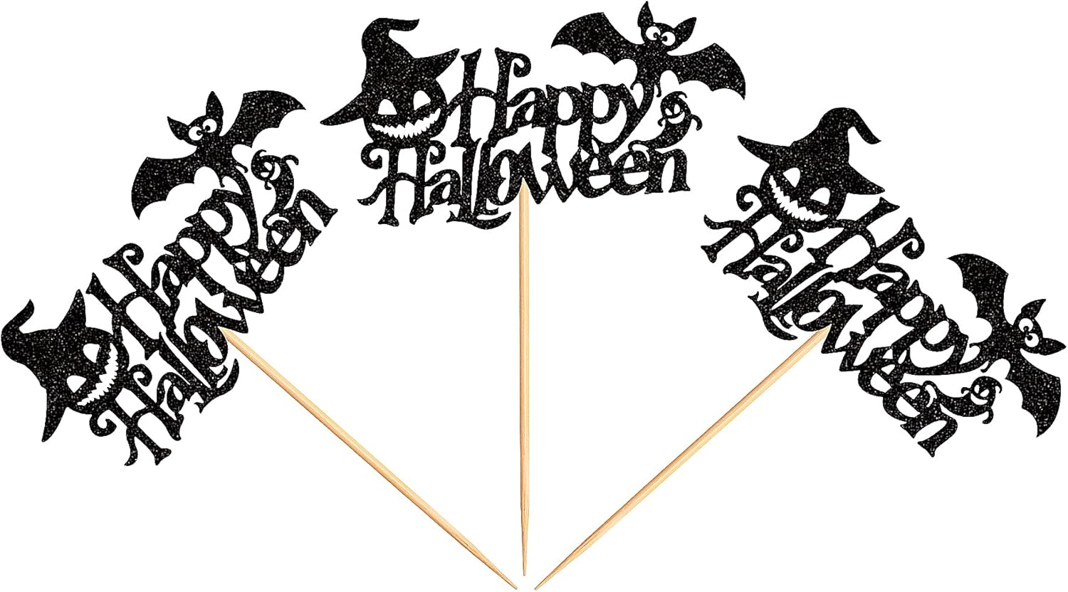 Ercadio Paquete de 24 adornos para cupcakes de Halloween con purpurina negra, murciélago, fantasma, calabaza, sombrero de Halloween para cupcakes,