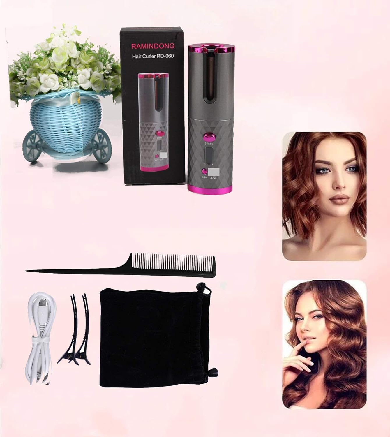 Klick&Tell Rizador de pelo inalámbrico con pantalla LCD, batería de 5200 mAh y temporizador, 6 modos de temperatura ajustables de rizador de pelo
