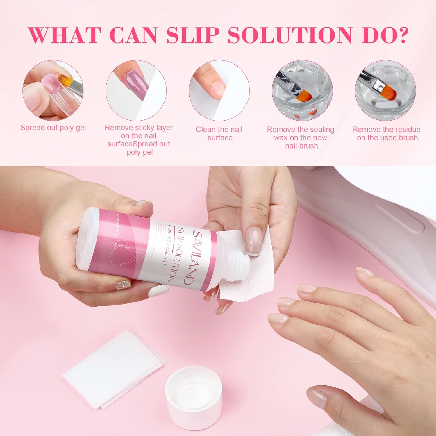 Saviland Solución deslizante de 4.1 fl oz para uñas de gel de poliéster líquido antiadherente Kit de solución de gel para principiantes, gel de
