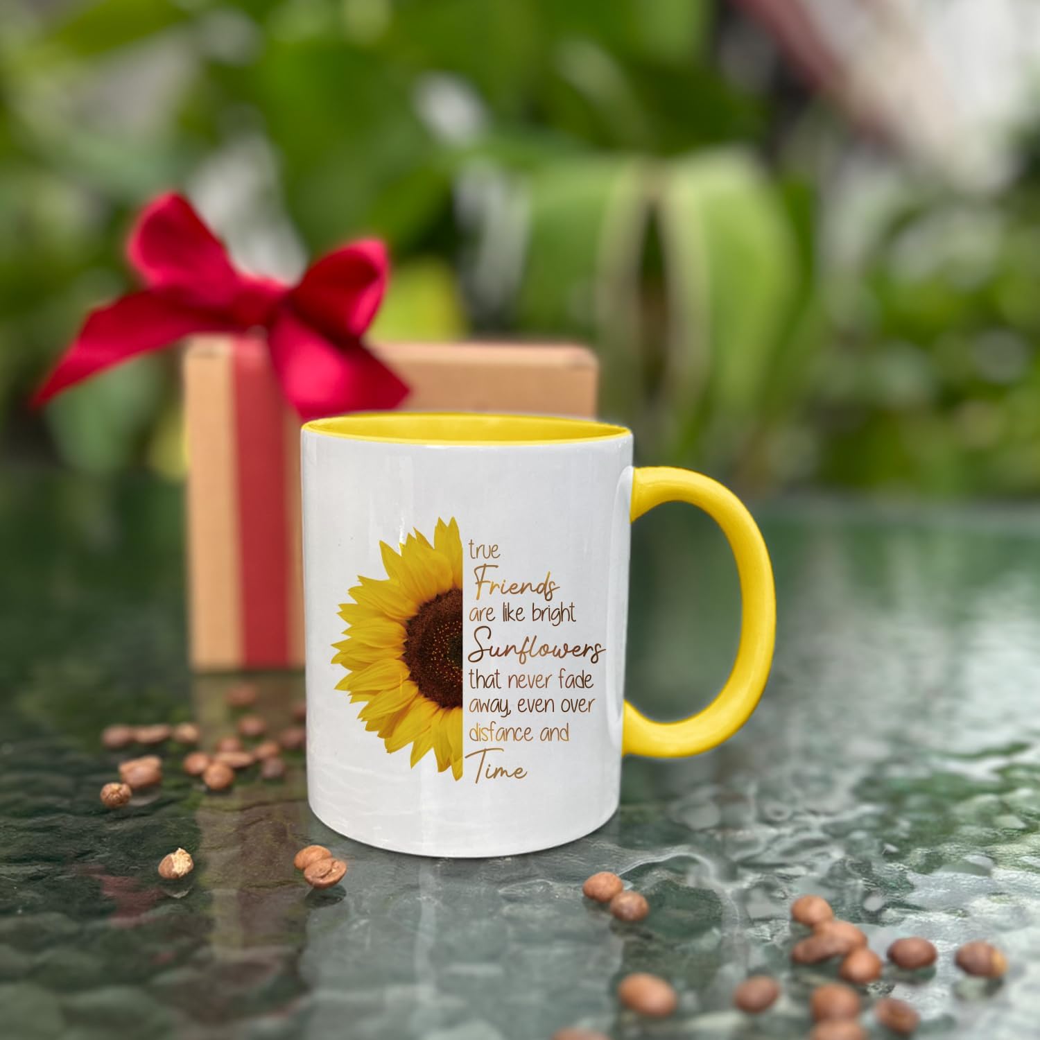 MNEDLAD Taza de café True Friends are Like Bright Sunflowers, llavero de girasol, divertida taza de refranes inspiradores, regalos de graduación de