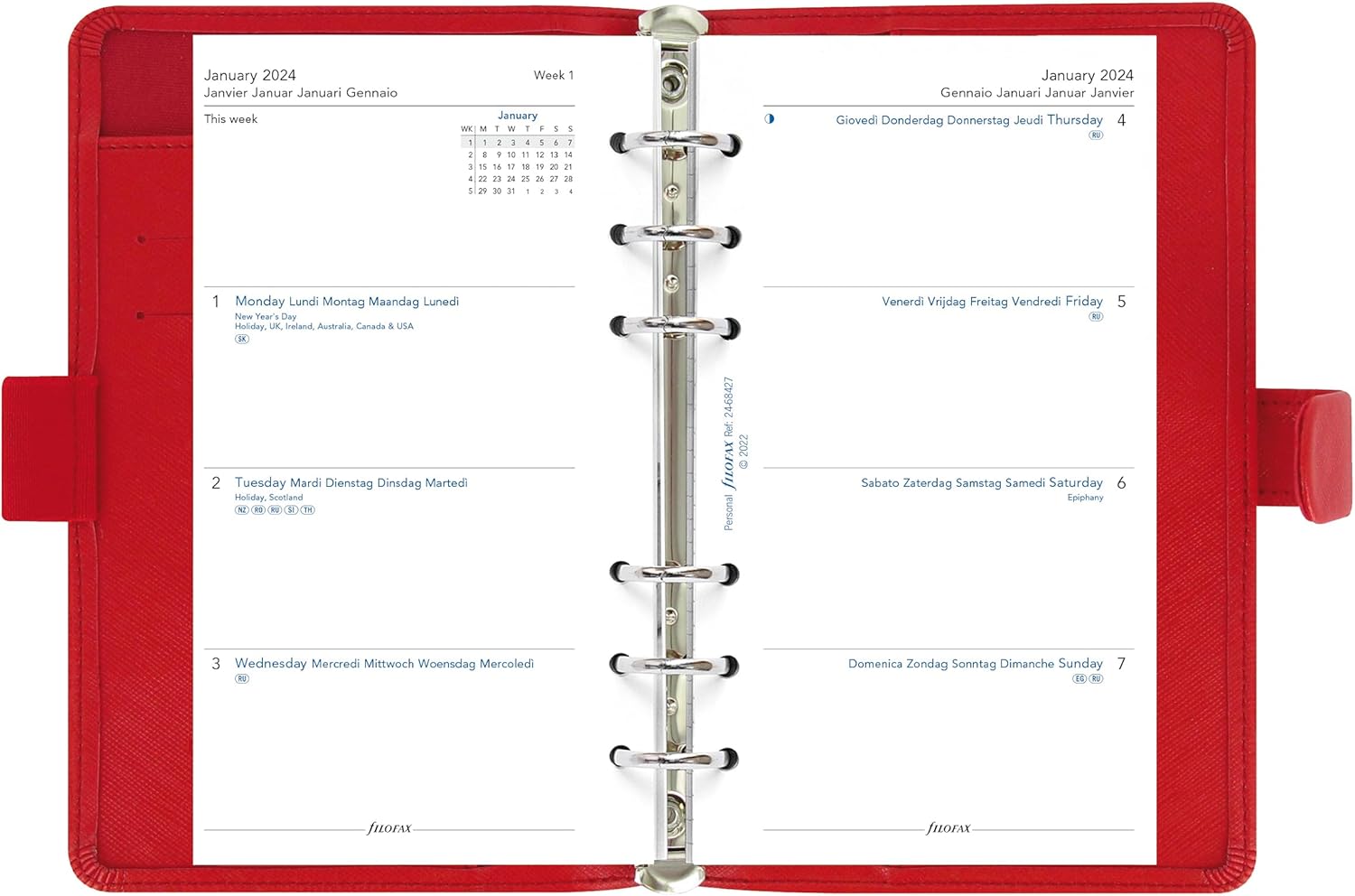 Filofax Saffiano – Organizador personal compacto, amapola, grano cruzado, aspecto de cuero, seis anillos, calendario semanal para ver, multilingüe,