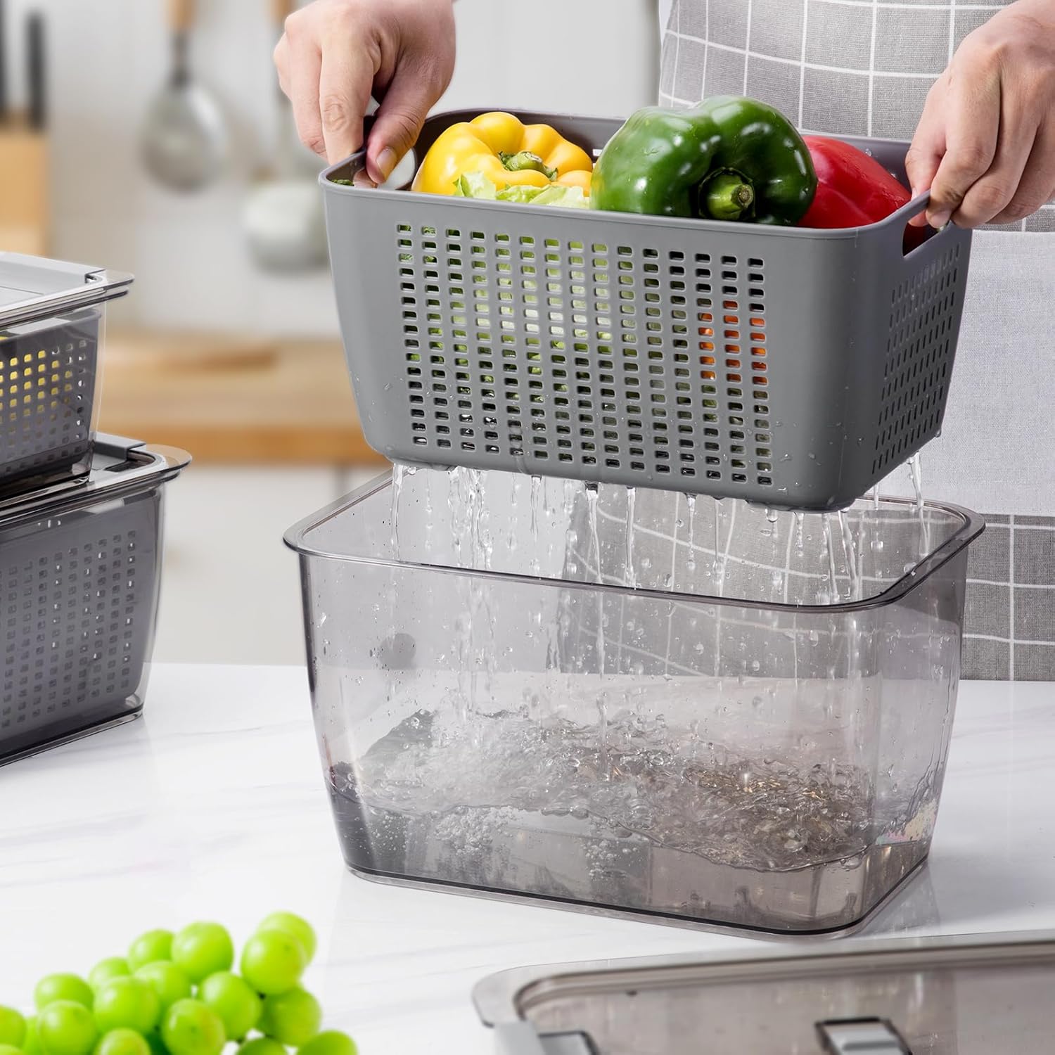 LUXEAR Paquete de 4 recipientes de frutas para refrigerador, contenedor de almacenamiento de verduras con tapas y colador extraíble organizador de