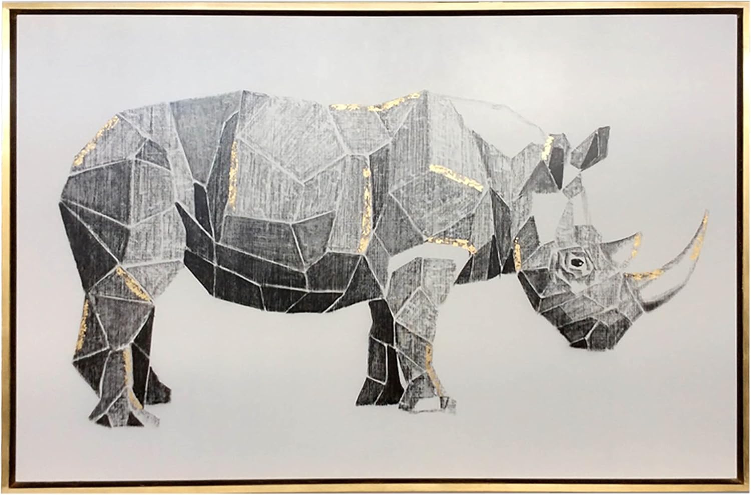 Sagebrook Home Geo Rhino Dibujo de carbón con hoja dorada, arte contemporáneo, gris y dorado, 71 pulgadas de ancho x 3 pulgadas de profundidad x 47